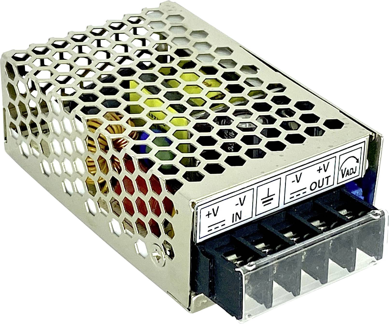 Un bloc d'alimentation rectangulaire en métal avec grille en nid d'abeille, étiqueté '+V IN', '-V IN', '-V OUT', '+V OUT', indique les entrées et les sorties.