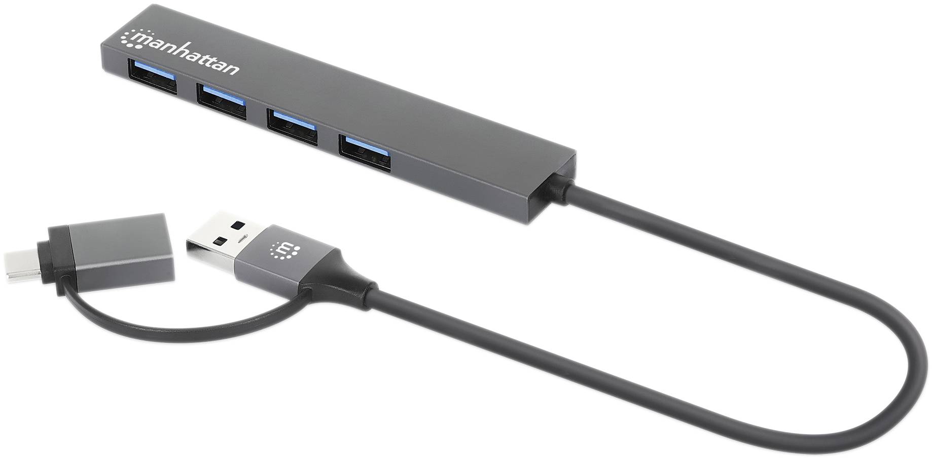 Un hub USB à quatre ports avec câble intégré, marqué 'Manhattan', adapté pour connecter plusieurs appareils USB.