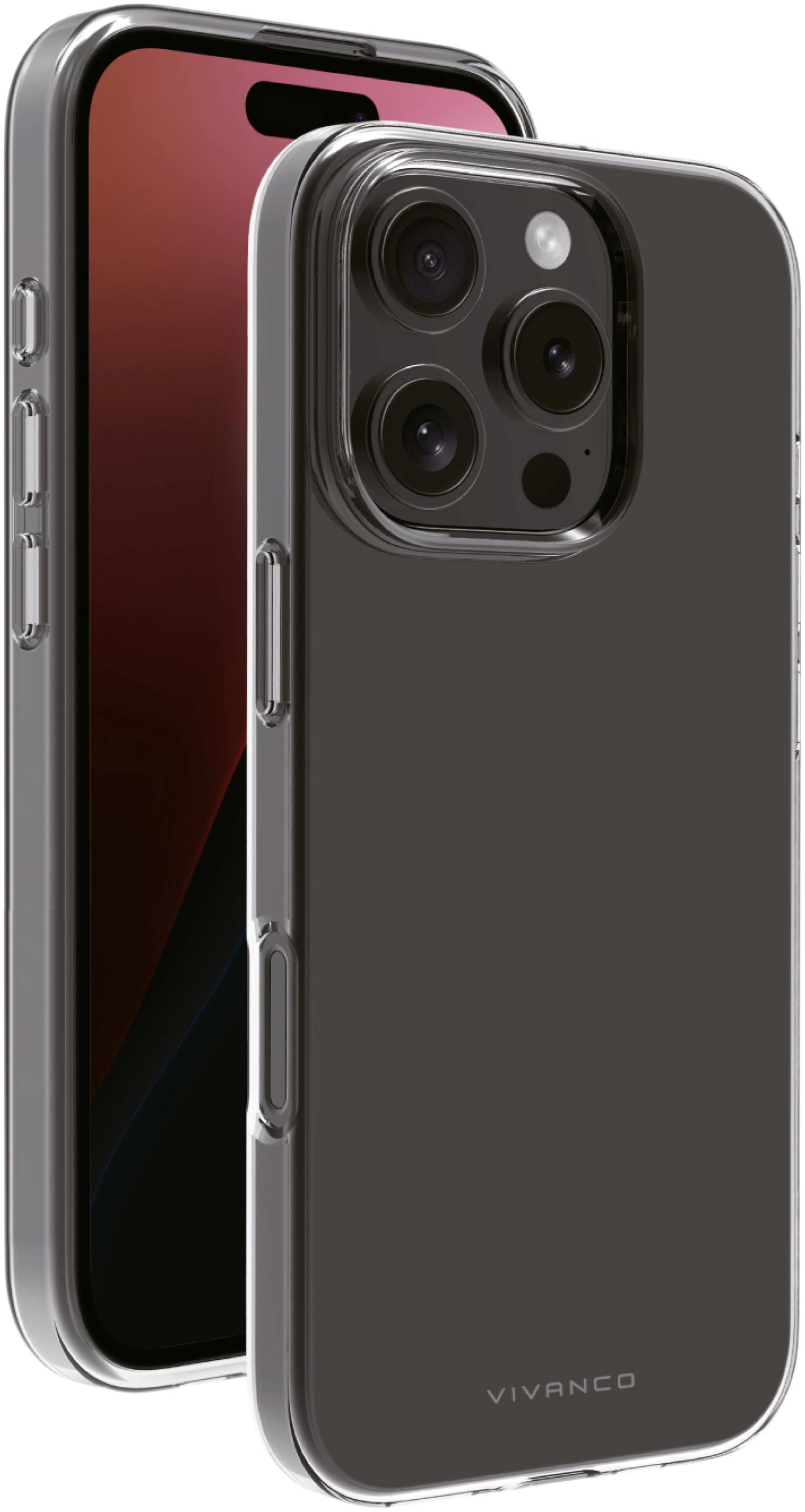 Deux smartphones dans des étuis transparents, montrant les vues avant et arrière, avec les caméras et les écrans clairement visibles.