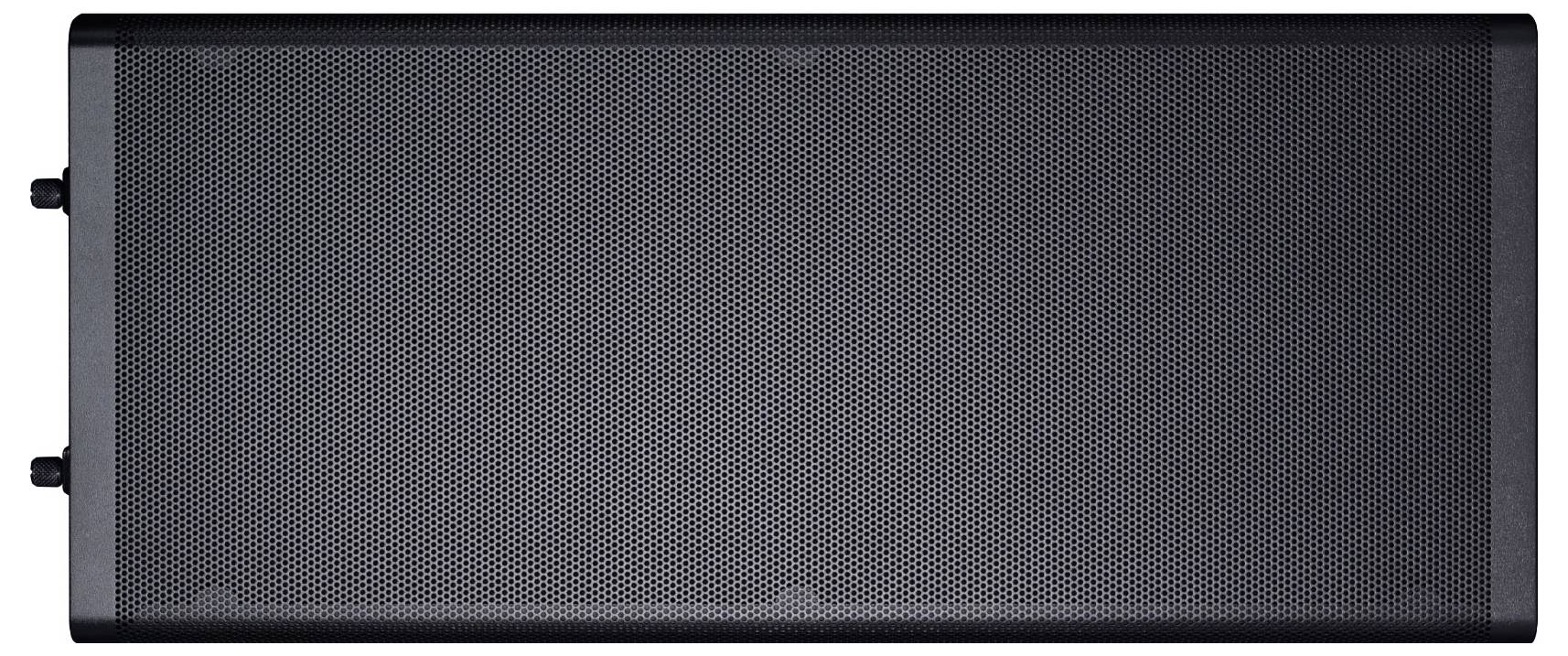 Une grille métallique rectangulaire, noire et perforée sur un fond blanc.