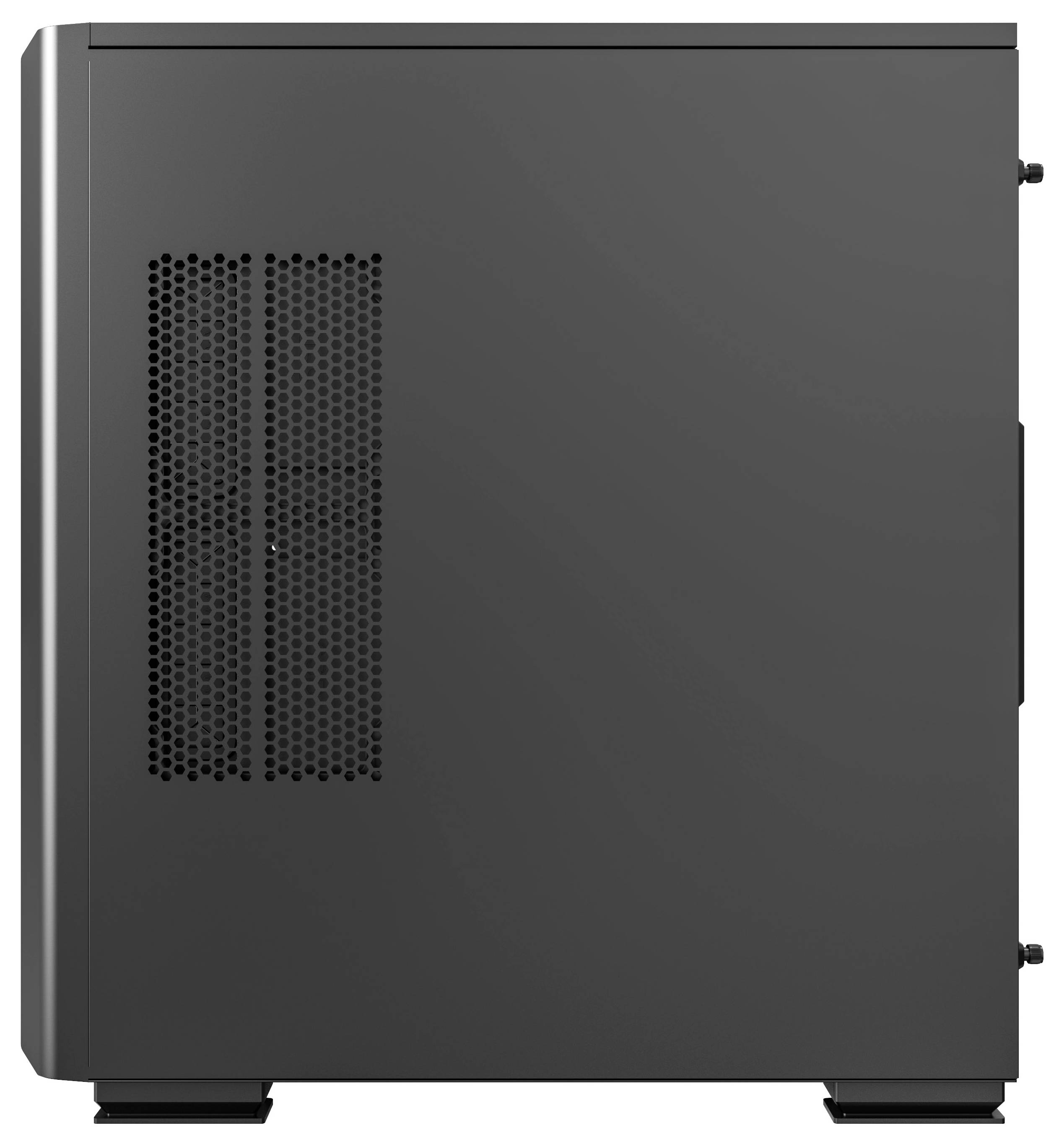 Boîtier d'ordinateur noir avec grille de ventilation latérale ; design sobre et rectangulaire, sans marques visibles.