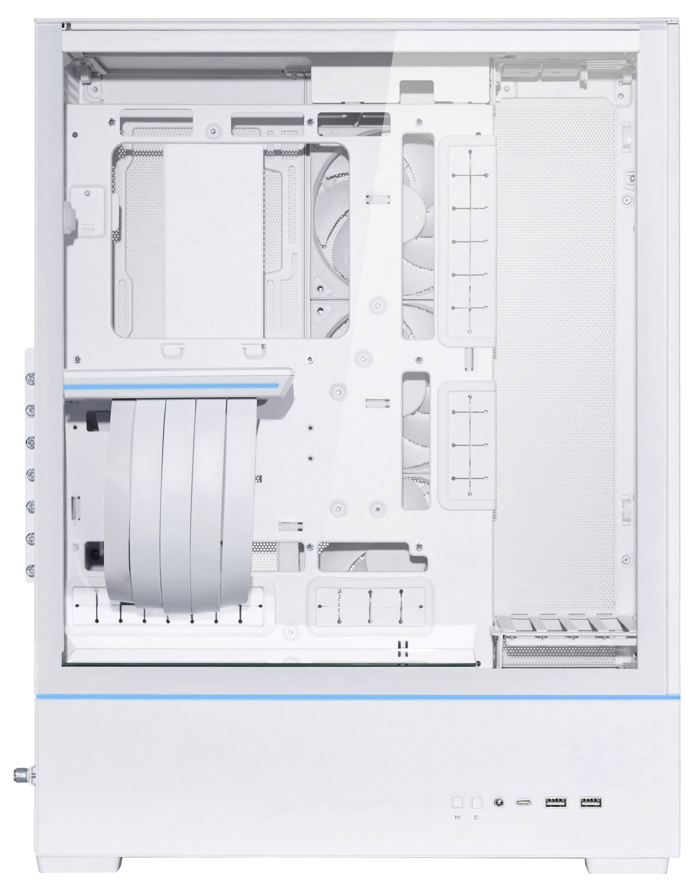 Boîtier d'ordinateur blanc, vue de face. Positions des ventilateurs et emplacements d'extension visibles, compatible avec les cartes mères ATX.