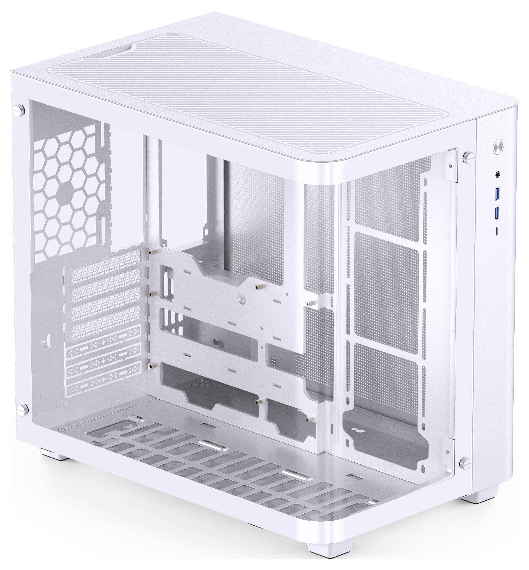 Boîtier d'ordinateur blanc avec un panneau latéral transparent, montrant l'espace pour la carte mère, les ventilateurs et les connexions sur le côté droit.