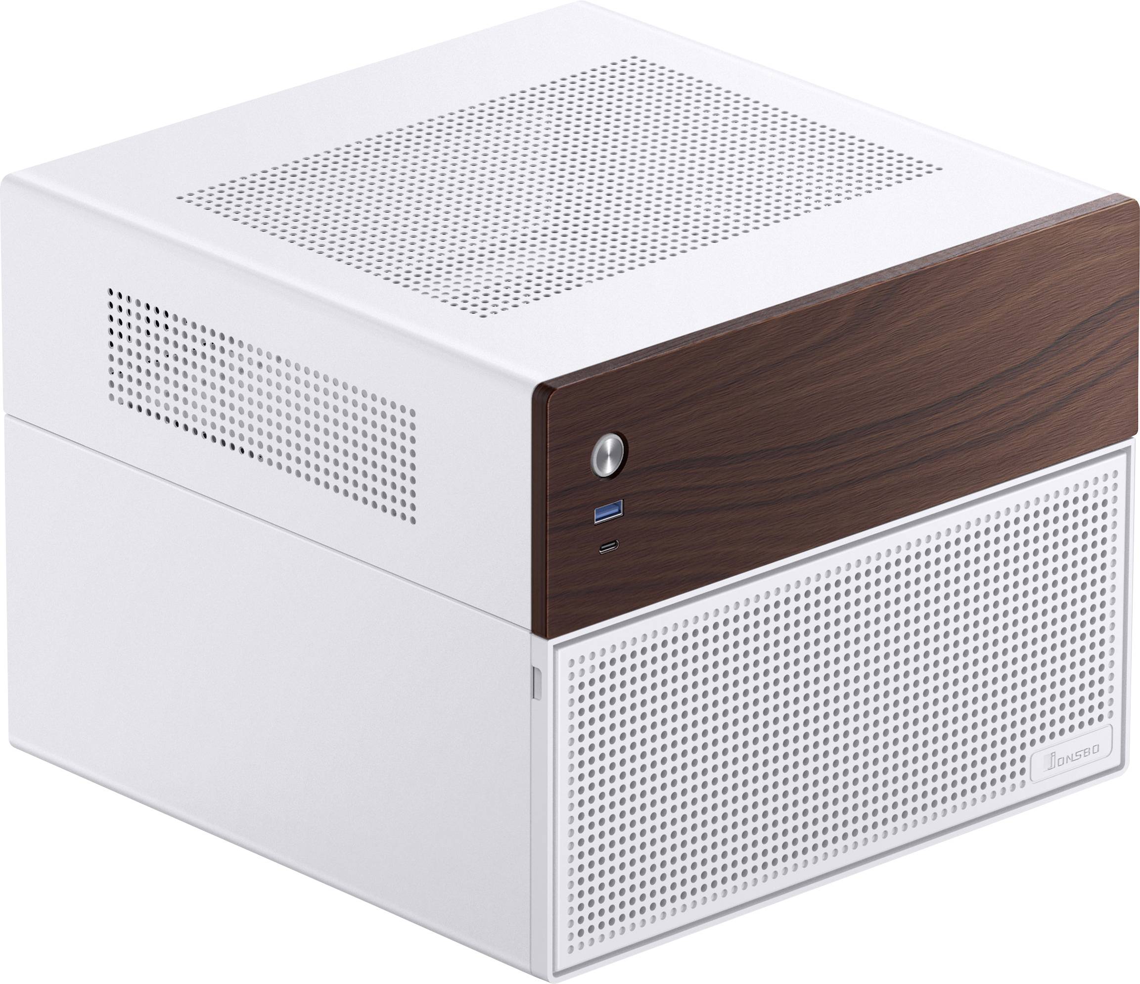 Un ordinateur blanc en forme de cube avec un accent en bois à l'avant. Il dispose de fentes de ventilation en haut et d'un bouton marche/arrêt à l'avant.