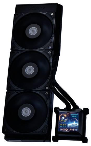 Un dispositif de refroidissement informatique présente trois grands ventilateurs empilés verticalement, reliés à un affichage numérique montrant des métriques de performance.