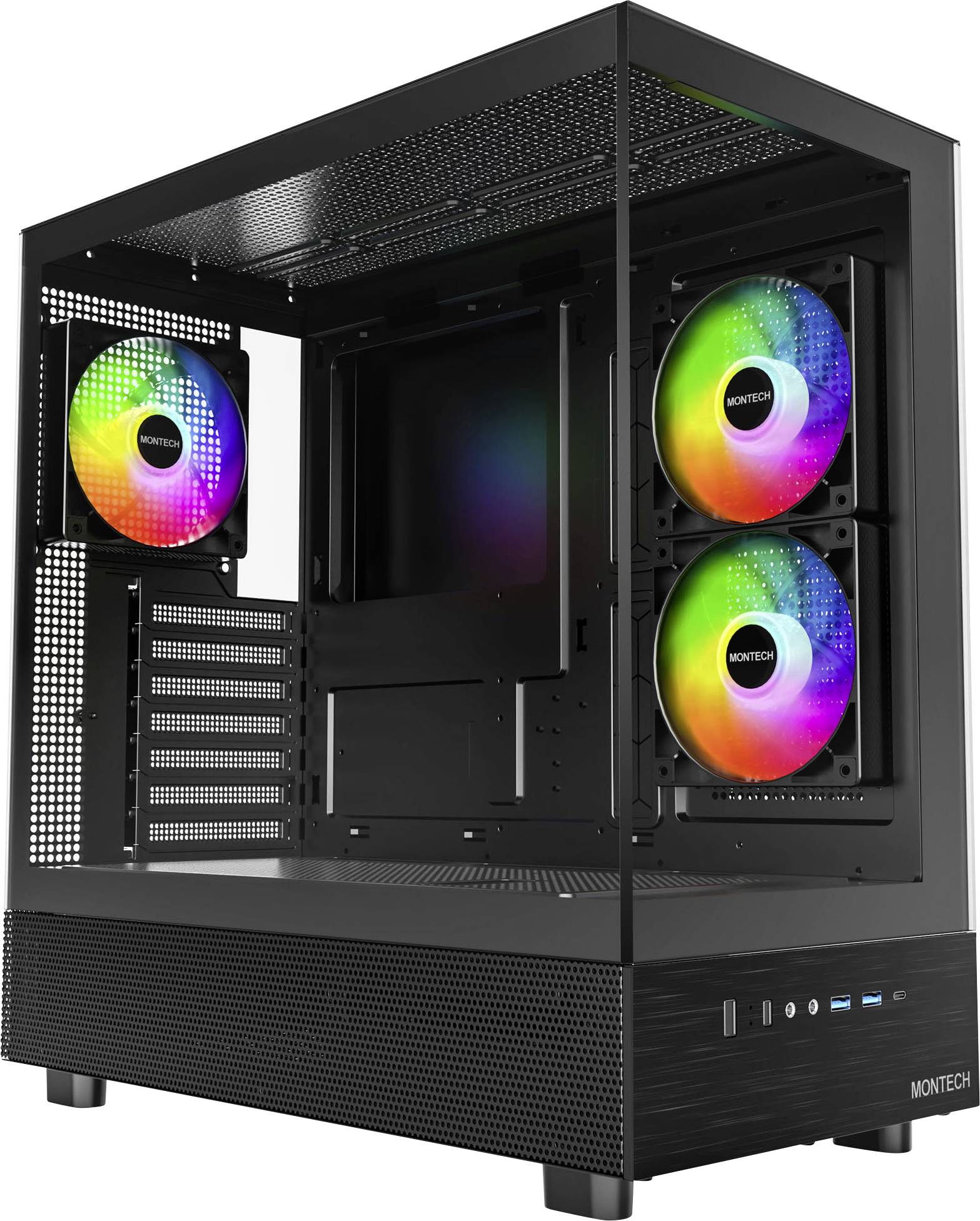 Boîtier PC noir avec parois latérales transparentes, trois ventilateurs RGB lumineux visibles à l'intérieur ; adapté pour ordinateur de gaming.