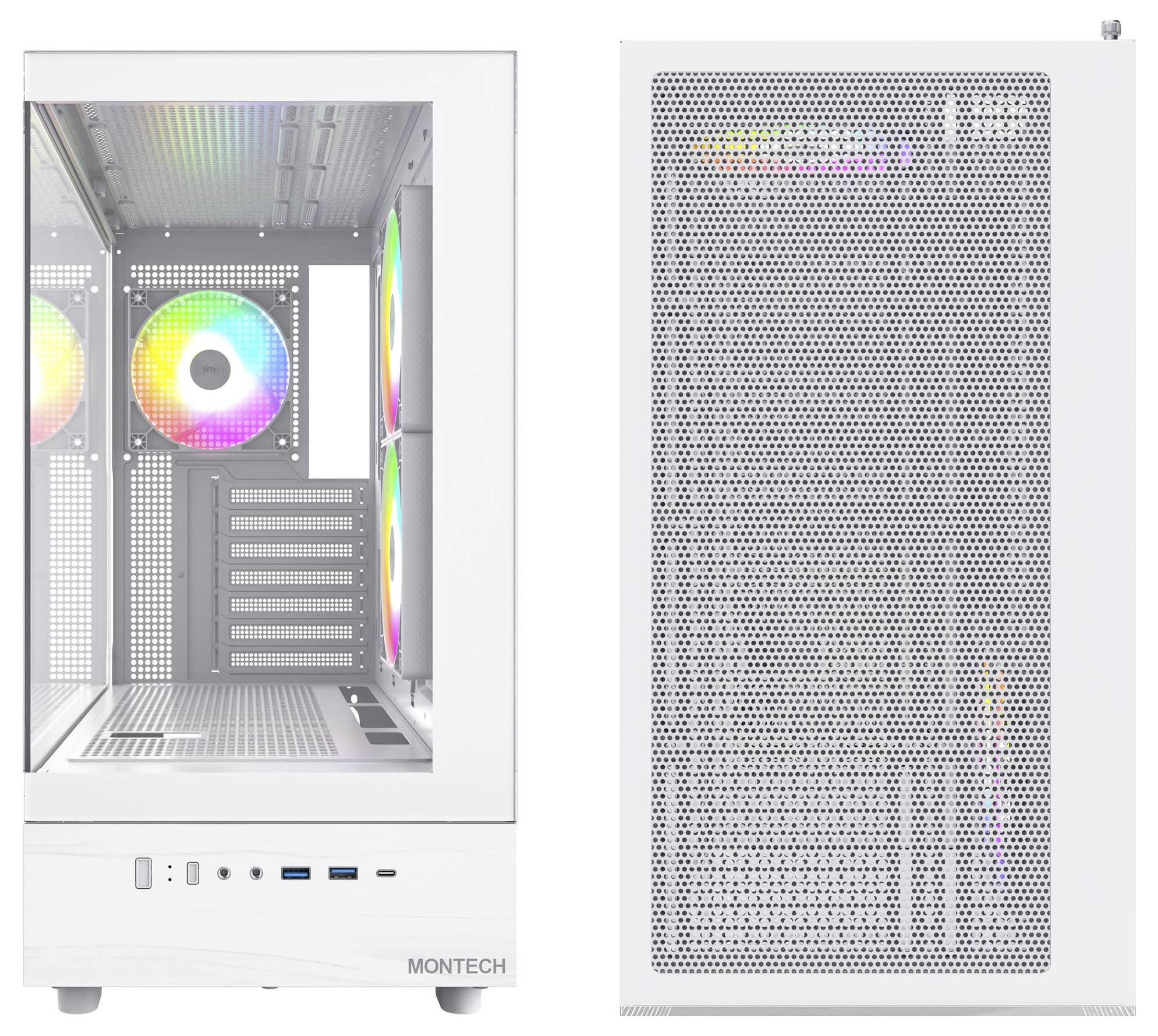 'Boîtier PC blanc avec ventilateurs RGB ; vue de face montrant la façade perforée, vue latérale montrant les ventilateurs rétroéclairés et les emplacements d'extension du PC.'