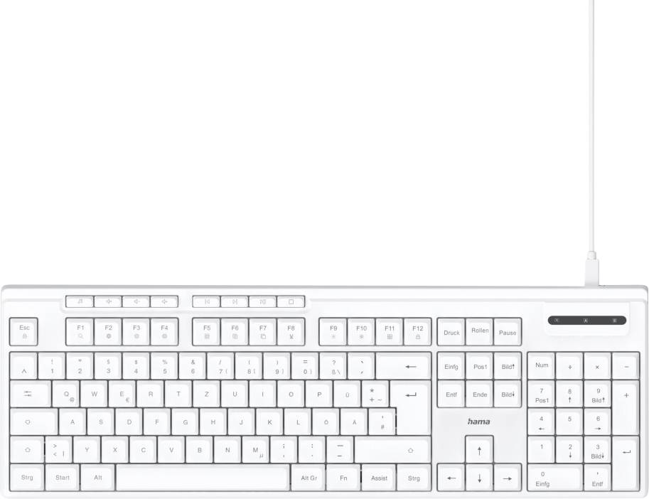 Un clavier d'ordinateur blanc avec une disposition allemande QWERTZ, comprenant des touches de fonction (F1-F12), un pavé numérique et un câble USB.