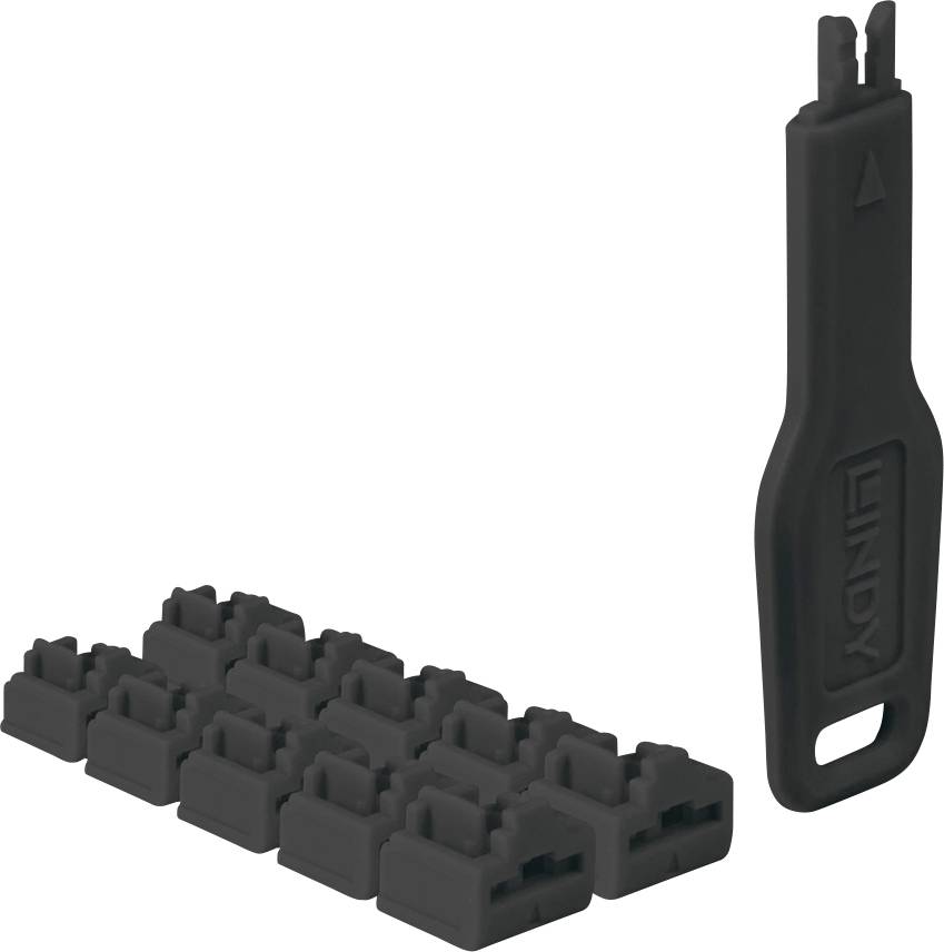 Extracteur de capuchons de clavier en plastique noir avec deux branches et une rangée de capuchons de clavier noirs sur fond blanc.