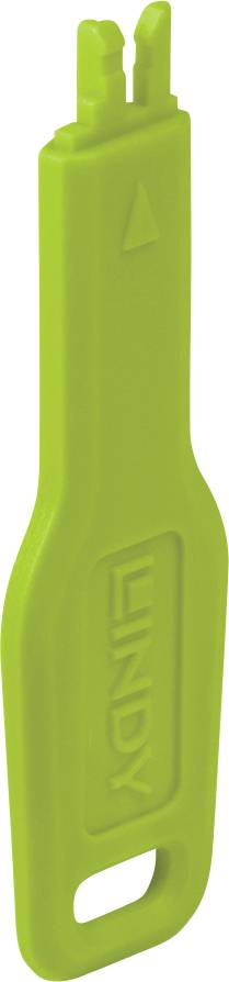 Un taquet de curseur en plastique vert avec deux dents et une poignée en boucle, étiqueté « LINDY ».