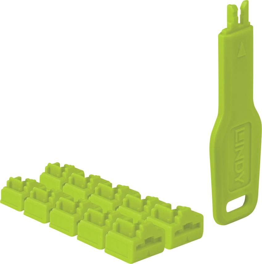 Un outil d'insertion vert et un ensemble de connecteurs à fentes pour fil assorti sur fond blanc.