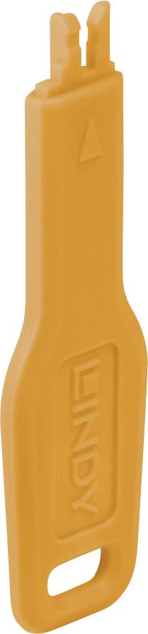 Outil avec poignée en plastique orange, prise moulée, détail triangulaire en relief et ouverture rectangulaire au fond.