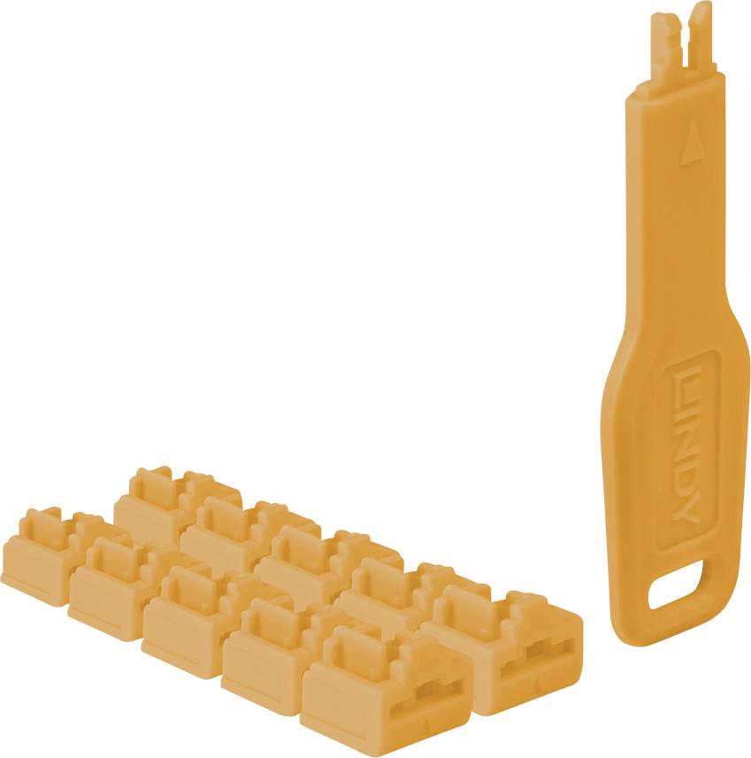 Outil extracteur de capuchons de clés en plastique orange avec un ensemble assorti de petits extracteurs de capuchons de clés orange disposés à côté sur un fond blanc.