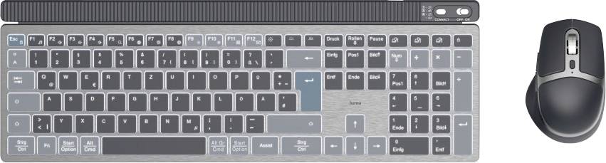 Clavier et souris en vue de dessus. Clavier au design gris avec des touches spéciales bleues, souris sans fil à côté à droite.