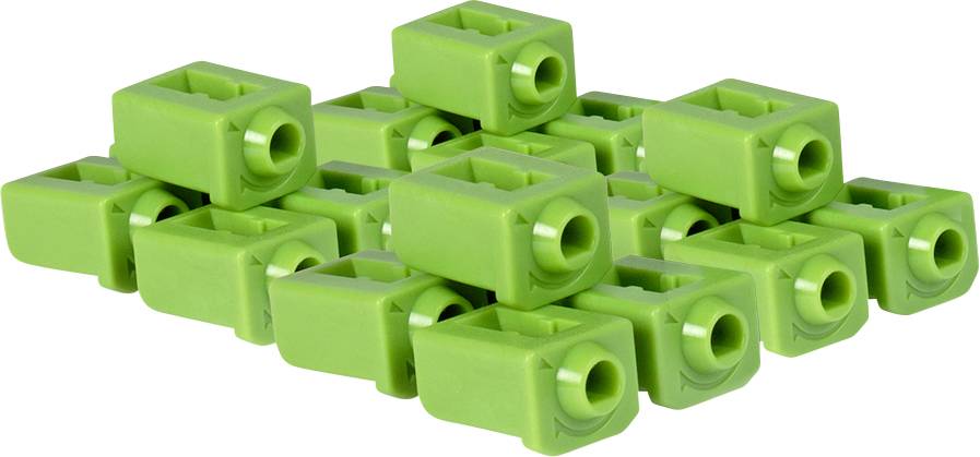 Pile de blocs de connecteurs en plastique vert brillant arrangés dans un entassement compact sur un fond blanc.