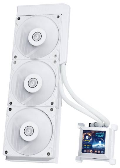 Un radiateur de refroidissement blanc pour ordinateur avec trois ventilateurs relié à un écran LCD affichant des statistiques telles que 'tr/min' et la température en degrés Celsius.