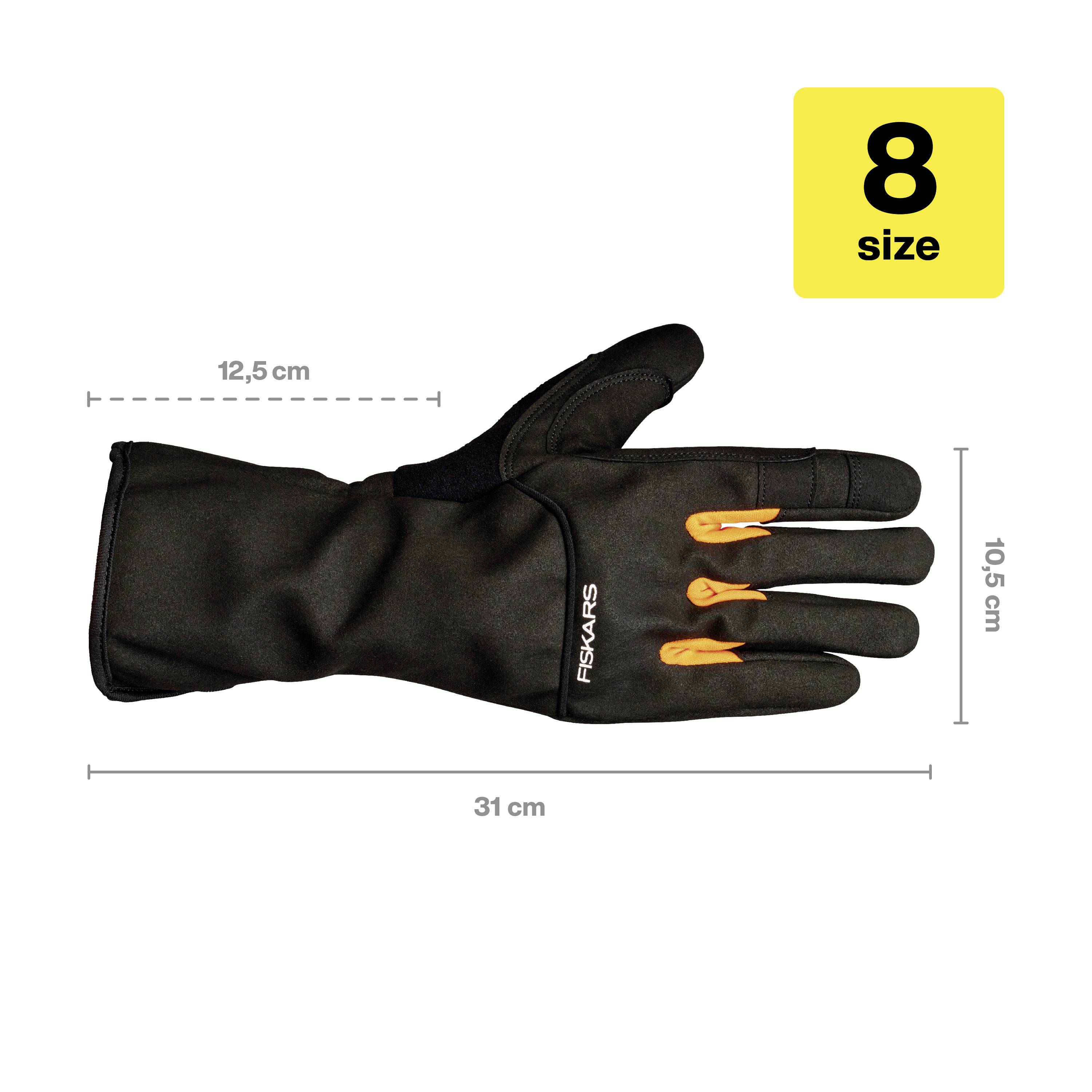 Gant de protection, taille 8, noir, 31 cm de long, 12,5 cm de large. Adapté au jardinage, offrant protection et flexibilité.