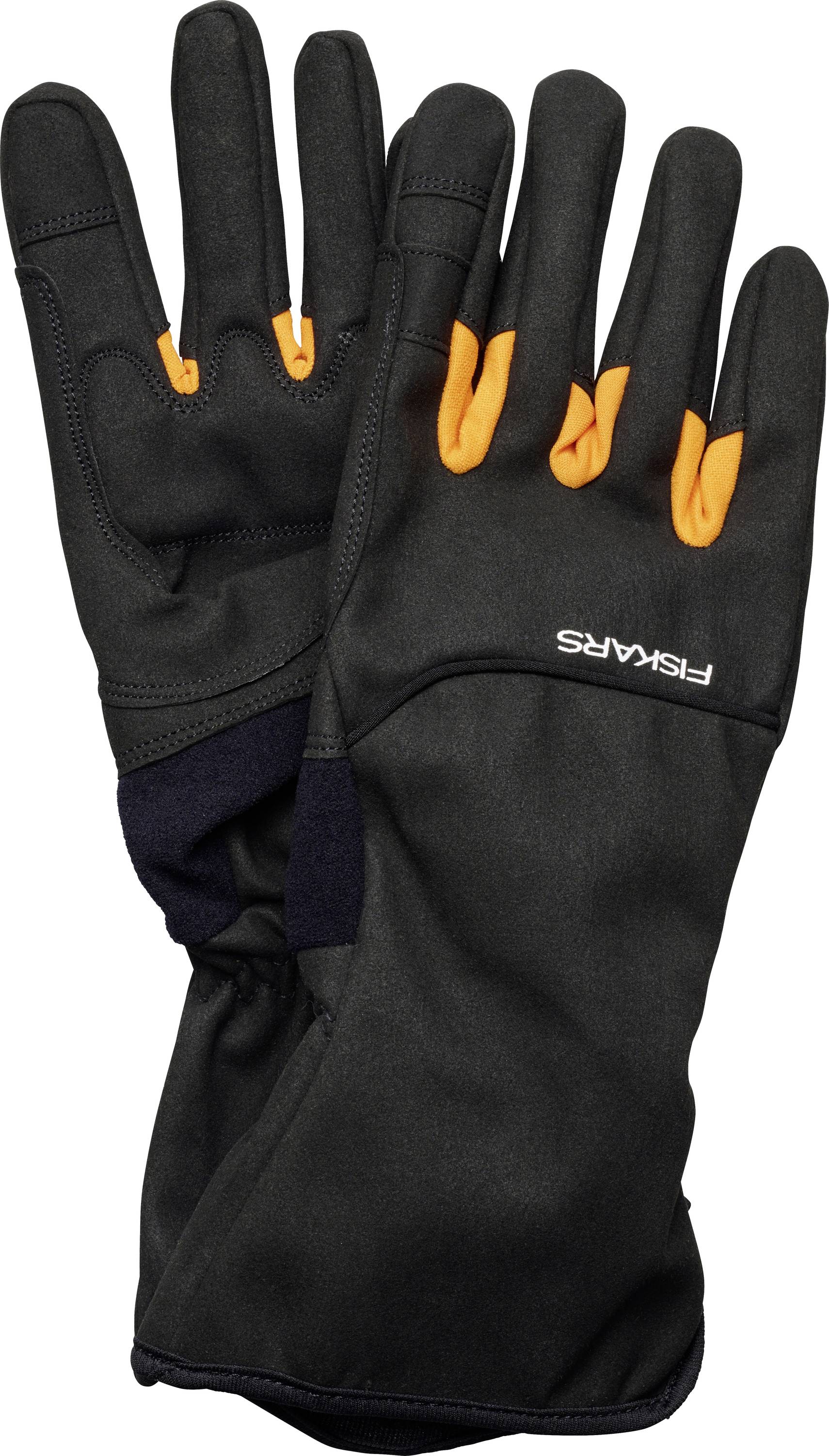 Gants de jardin noirs avec bouts des doigts oranges et l'inscription 'Fiskars'. Ils sont protecteurs et adaptés aux travaux de jardinage.