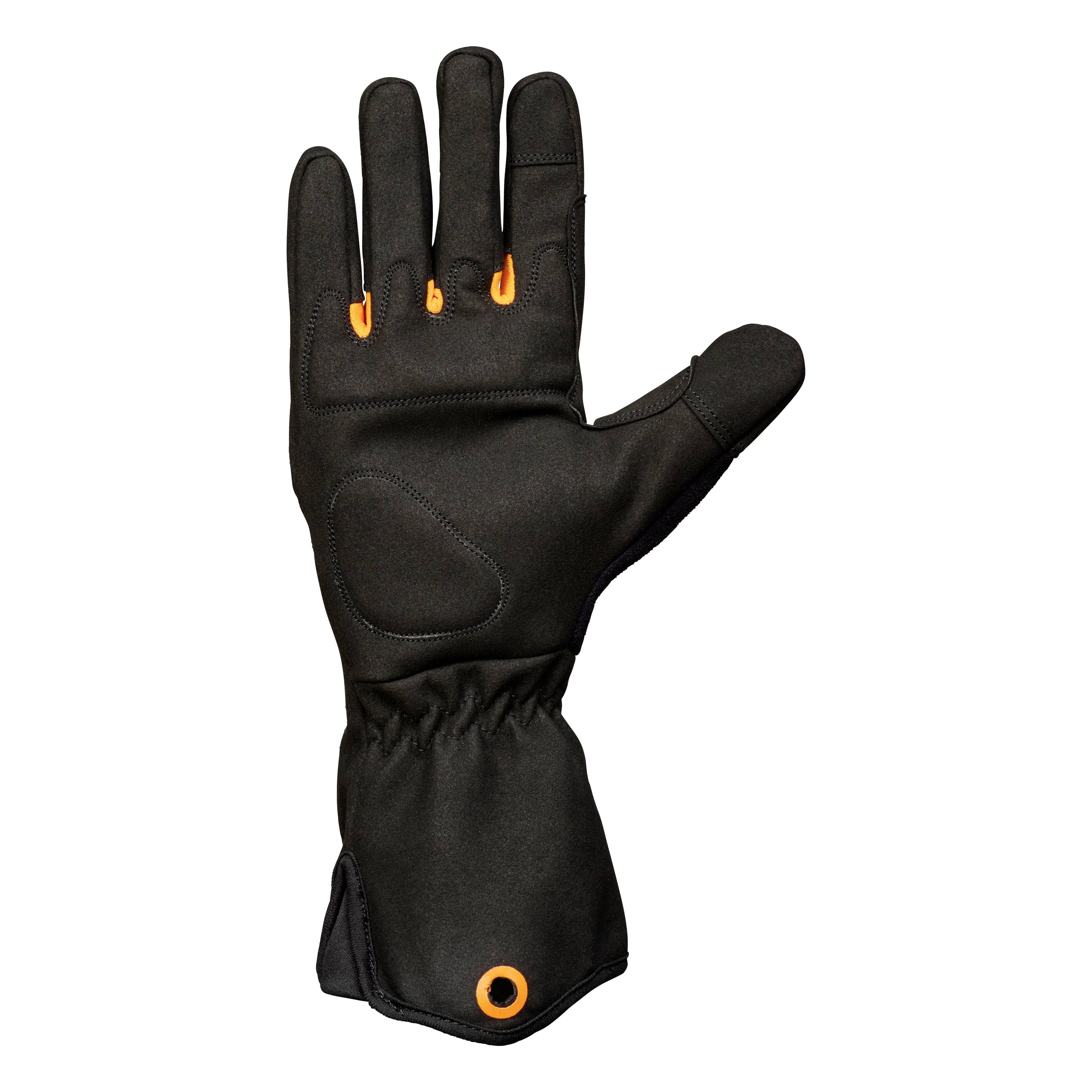 Gant noir avec manchette longue, détails orange et paume renforcée pour une protection supplémentaire. Adapté aux activités de plein air.