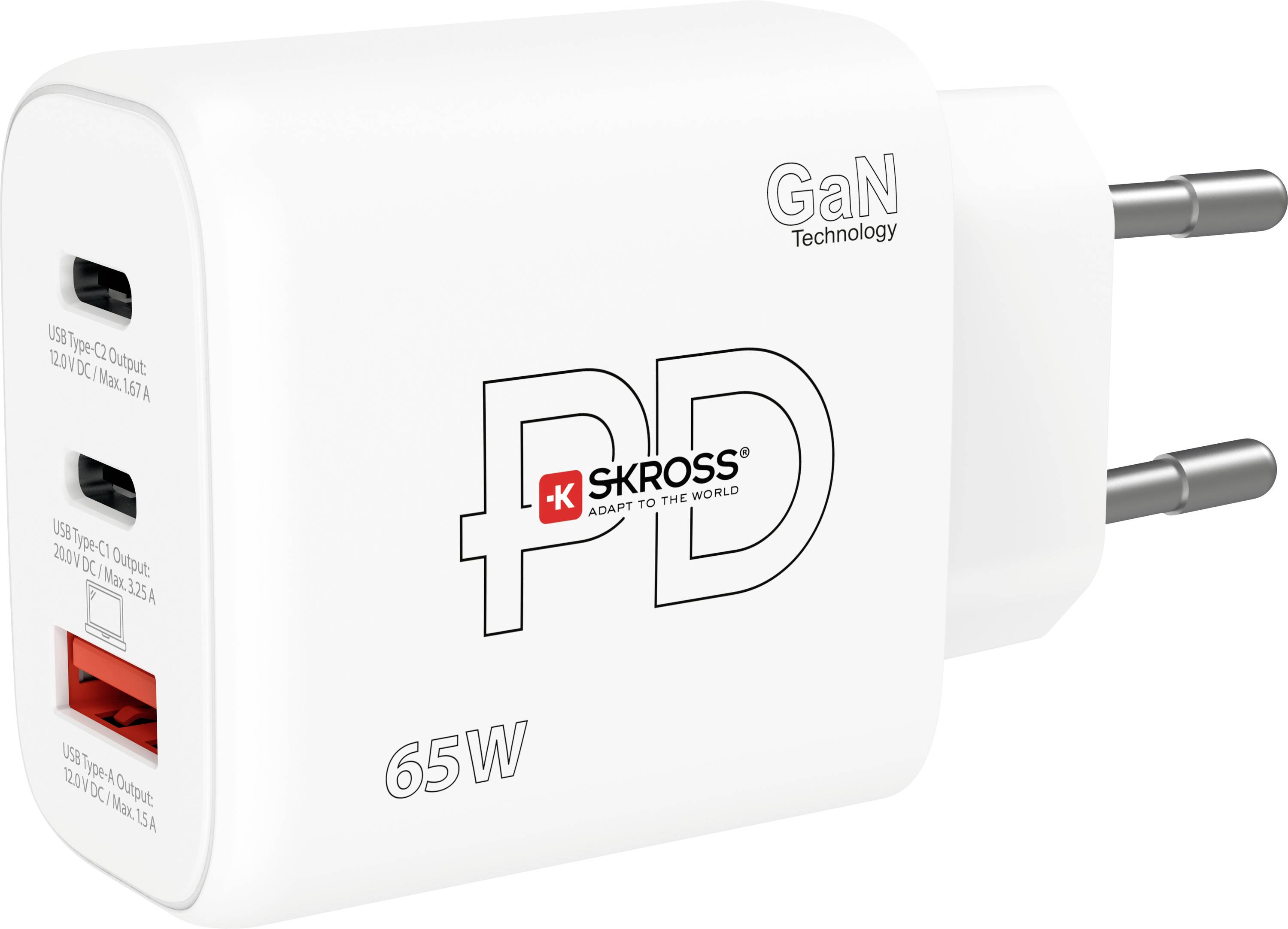 Skross Power Charger 65W PD GaN EU Chargeur USB 65 W 1x USB-A, 2x USB-C® Power Delivery blanc intérieure