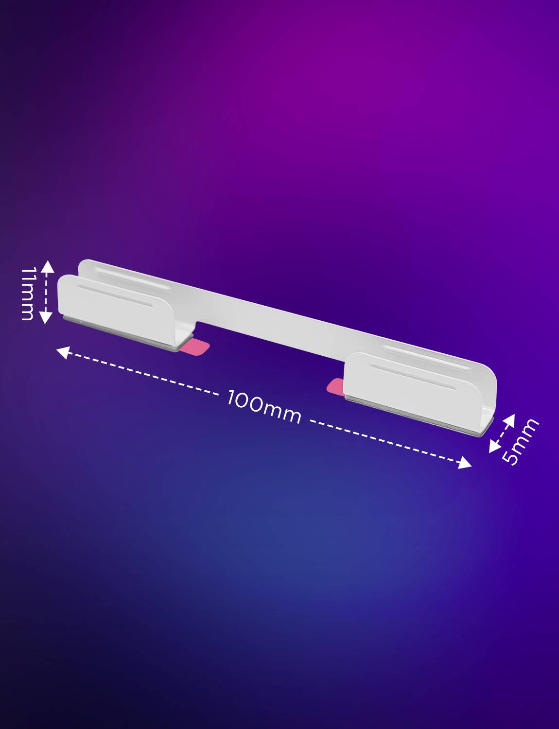 Image produit d'un clip fin et blanc, mesurant 100 mm de longueur, 11 mm de hauteur et 5 mm de largeur, sur un fond lilas.