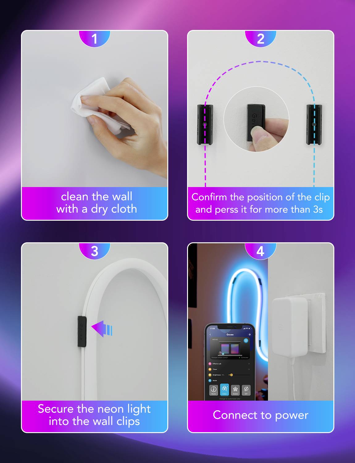Guide de montage d'un panneau au néon : 1. Nettoyer le mur avec un chiffon. 2. Installer les clips. 3. Placer le néon dans les clips. 4. Connecter à l'alimentation électrique.