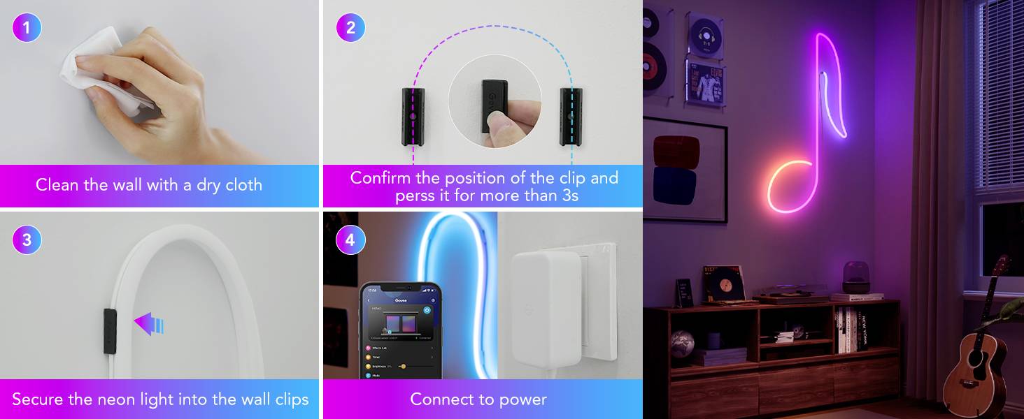 'Guide pas à pas pour l'installation d'un néon : 1. Nettoyer le mur avec un chiffon sec. 2. Positionner le clip et appuyer pendant 3 secondes. 3. Sécuriser la lumière dans les pinces. 4. Brancher l'électricité. Vue de la chambre avec le néon installé.'