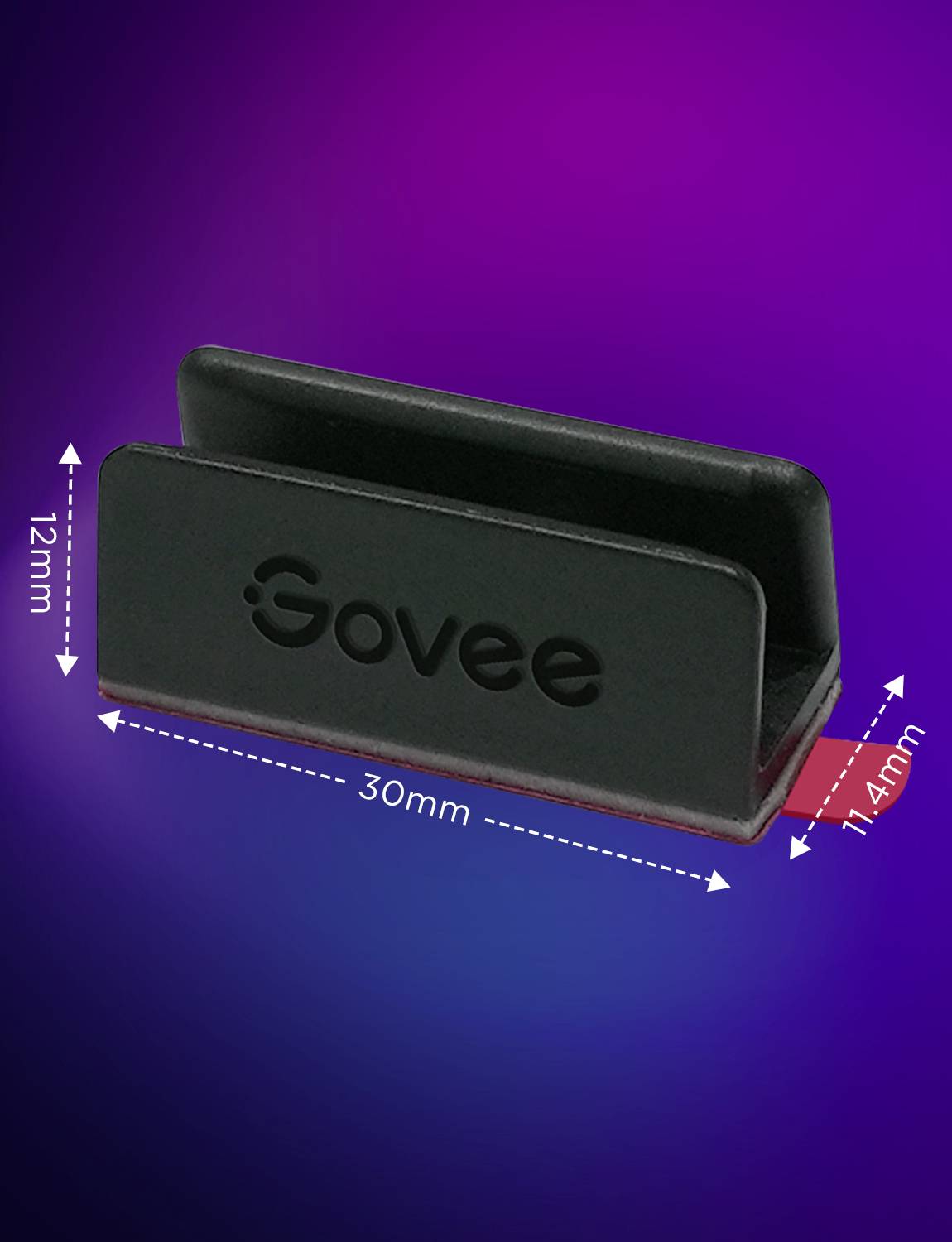 Support de câble noir avec dimensions : 30 mm de large, 12 mm de haut, 14 mm de profondeur. Nom de marque 'Govee' sur la face avant. Fond violet.