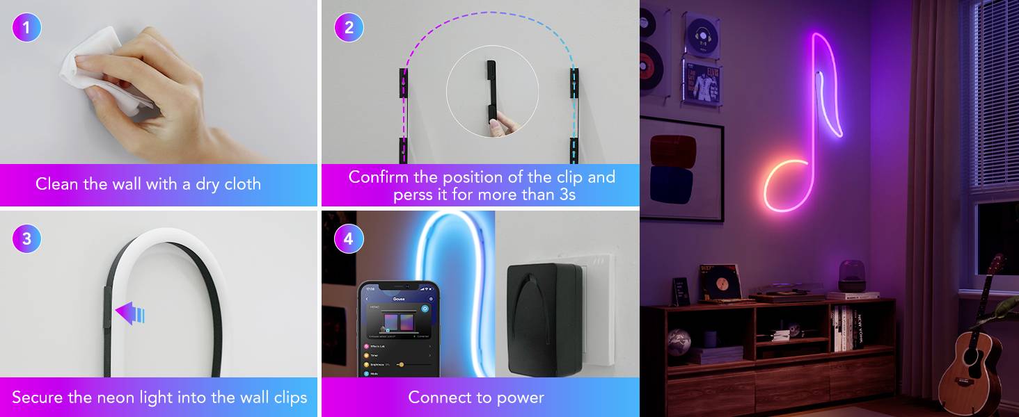 Instructions pour l'installation d'une lumière LED néon en forme de note de musique. Étapes : nettoyer le mur, positionner le clip, fixer la lumière, brancher.