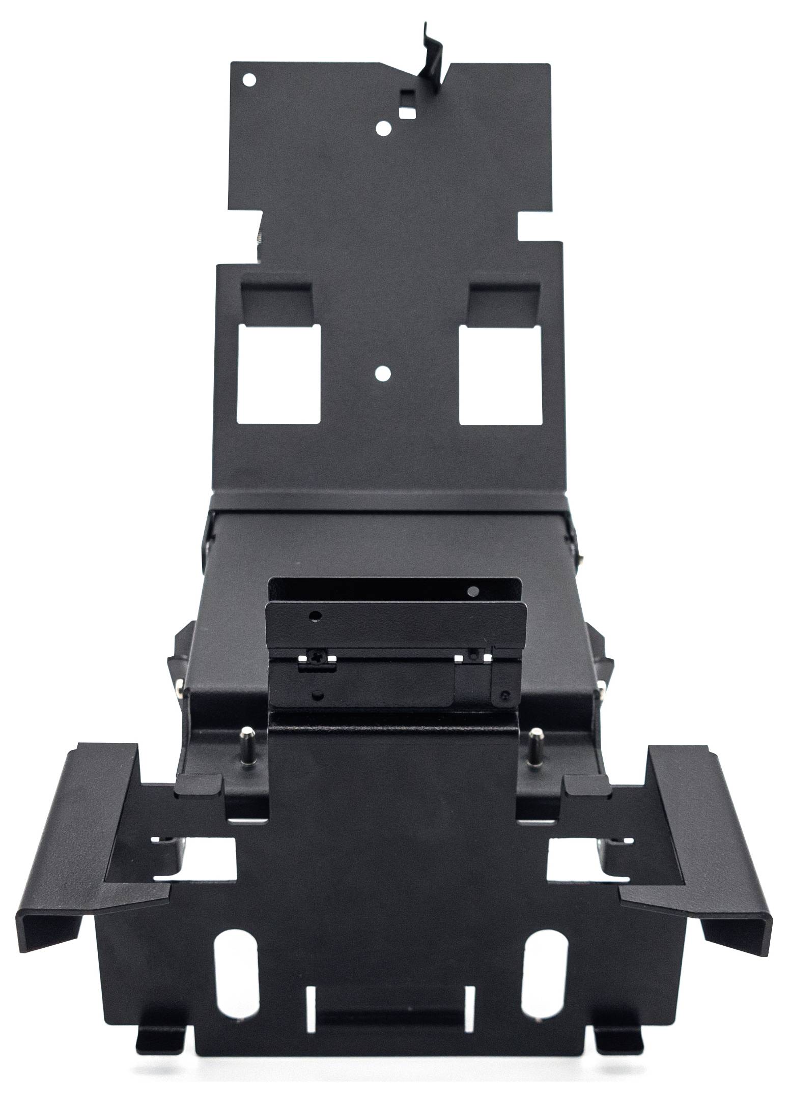 Support de fixation en métal noir conçu pour soutenir des appareils, composé de plusieurs plateformes et trous de montage.