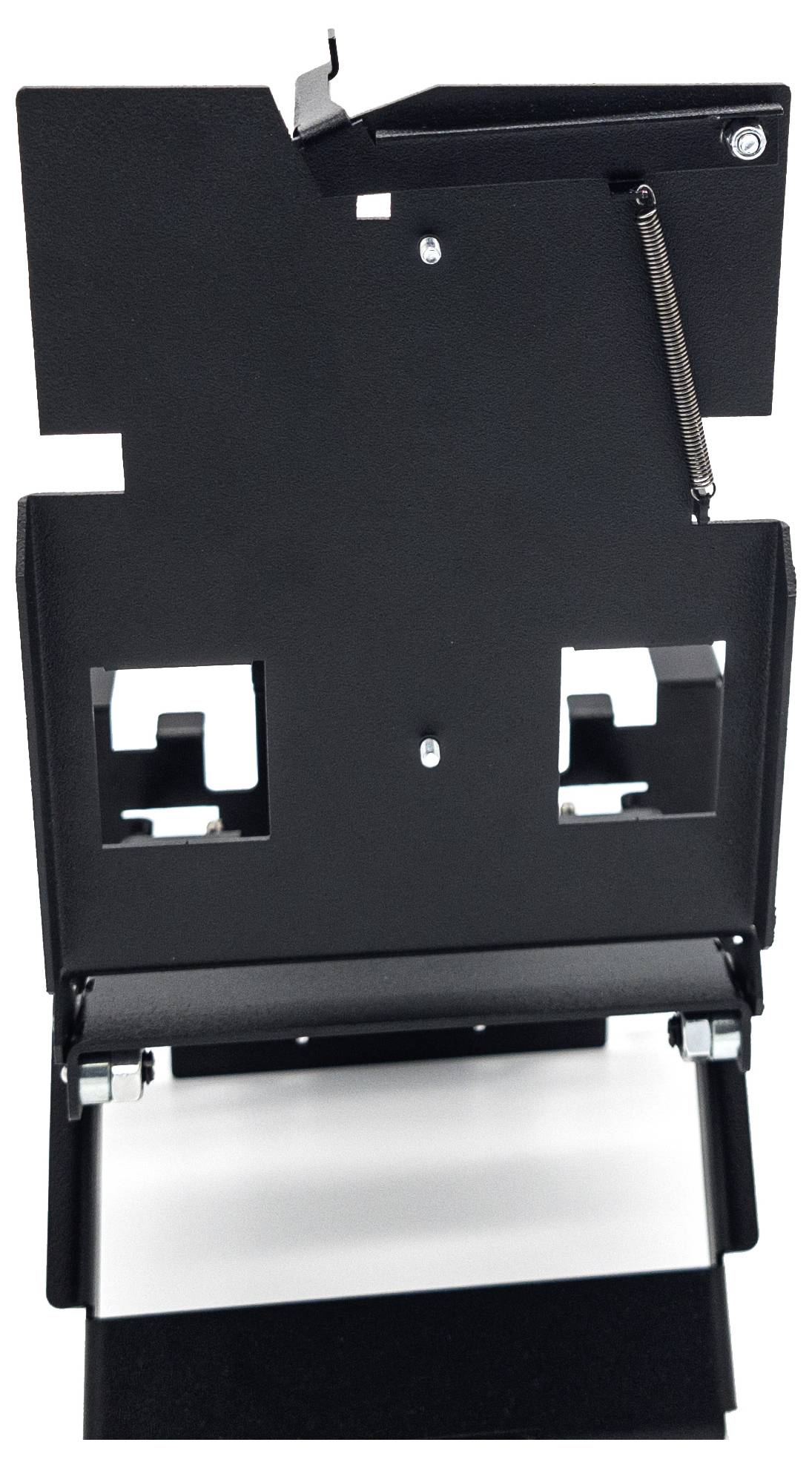 Support métallique noir avec mécanisme à ressort et ouverture de fixation. Il dispose d'échancrures rectangulaires en bas et convient aux applications industrielles.