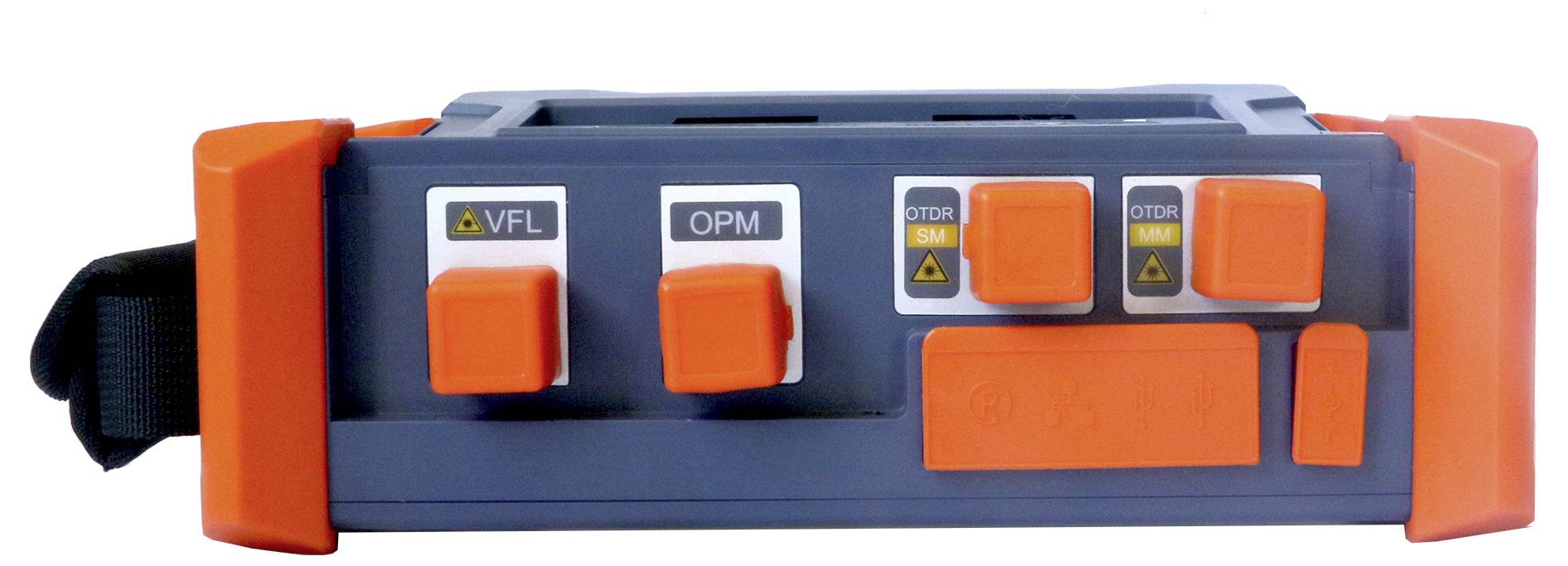 Un dispositif portable de mesure de puissance optique avec plusieurs boutons et écrans, adapté aux tests de fibres optiques.