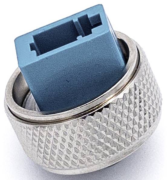 Un connecteur M12 bleu avec filetage métallique, couramment utilisé dans les applications industrielles pour la transmission sécurisée des signaux.