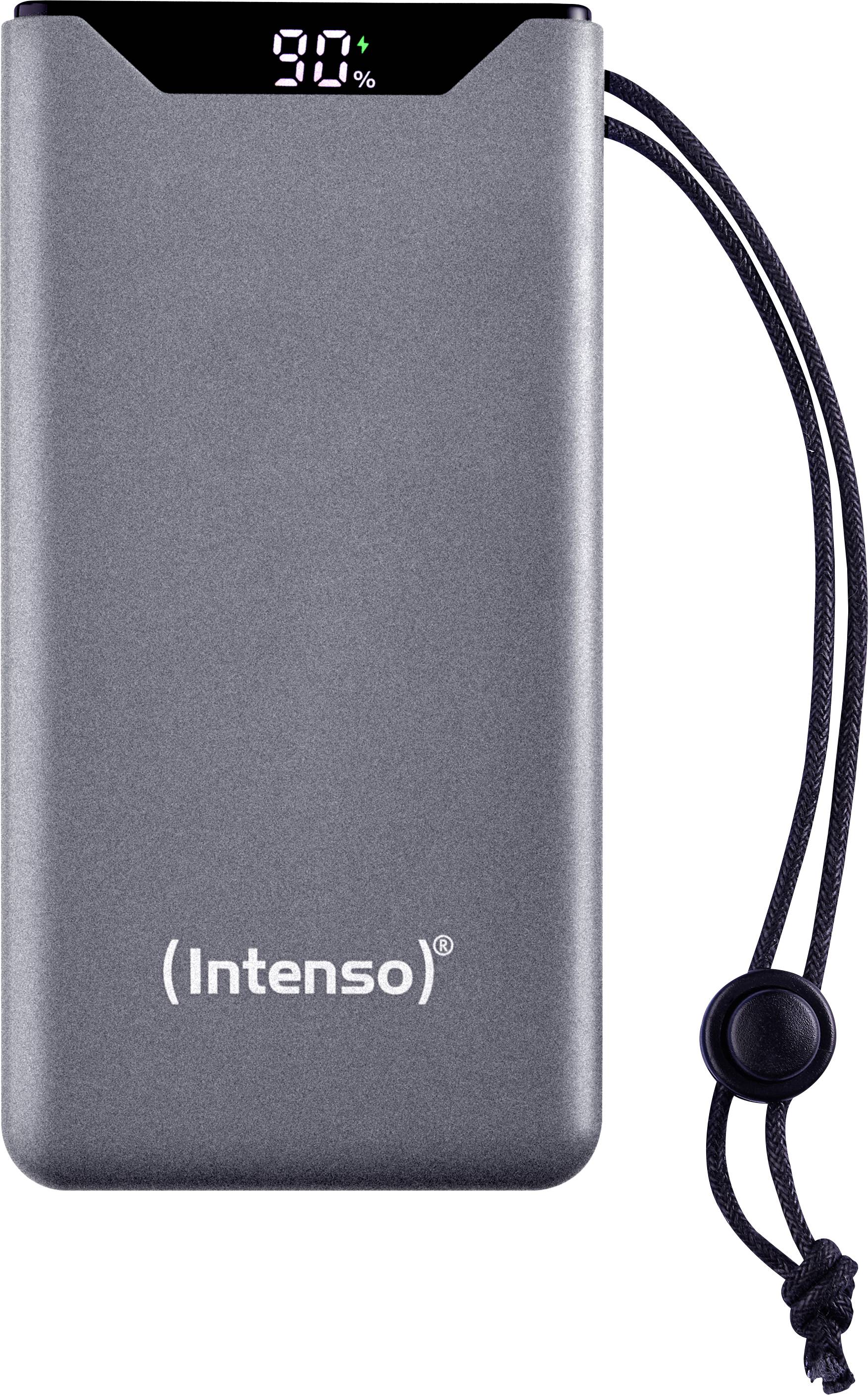 Une batterie externe grise avec un écran numérique affichant '90%'. Un cordon noir avec un arrêt de cordon est attaché.