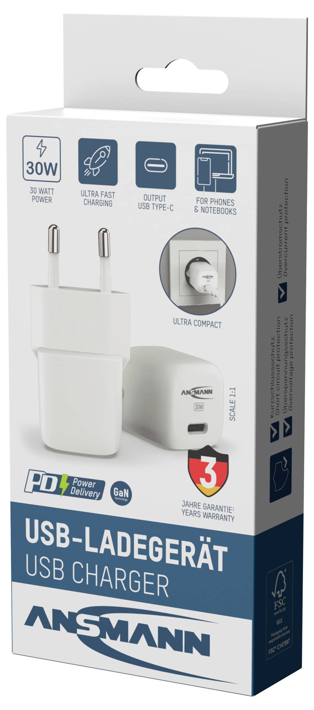 Ansmann Home Charger HC130PD mini Chargeur USB 30 W 1x USB-C® blanc intérieure