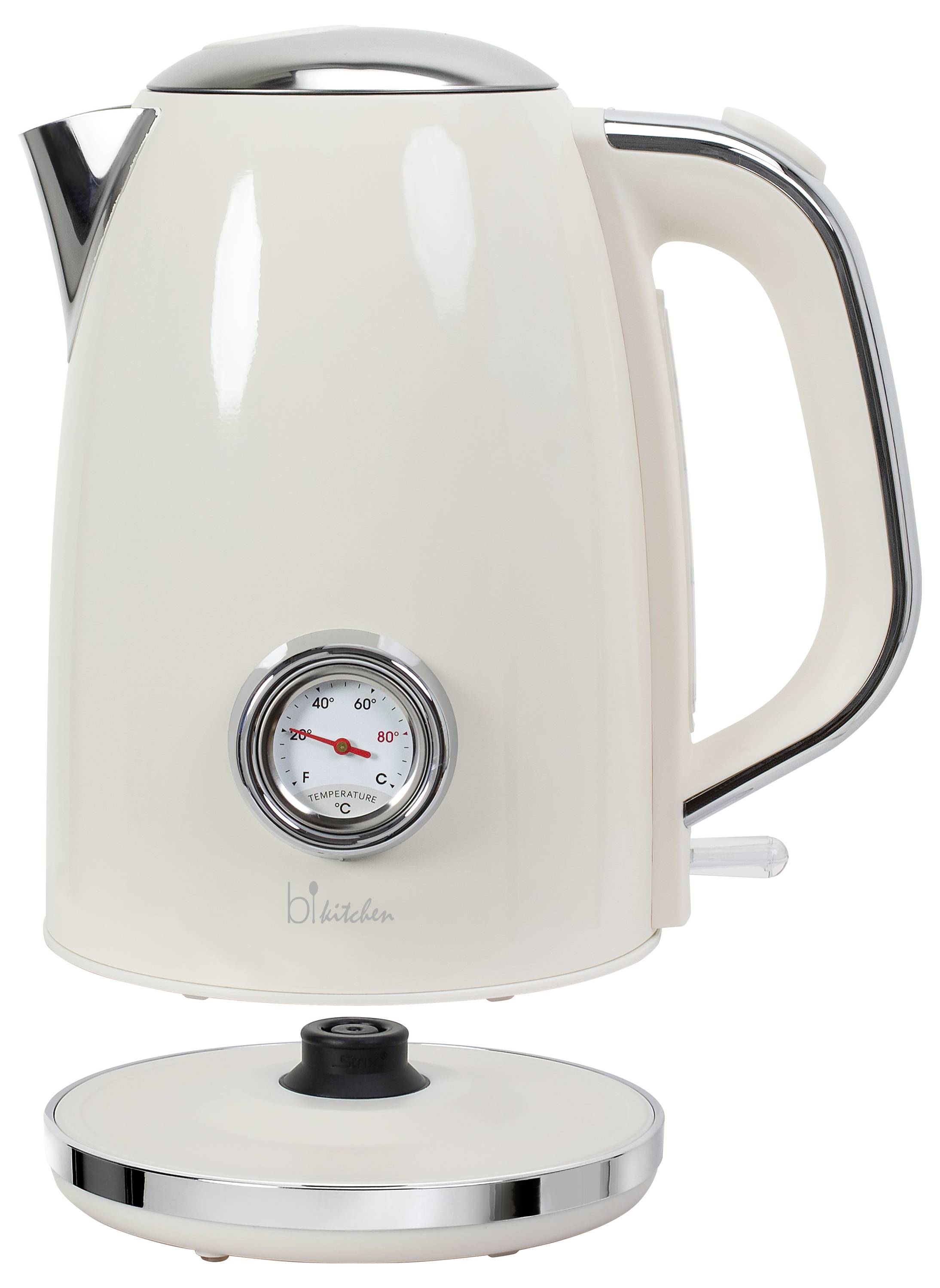 Une bouilloire crème avec un affichage de température sur l'avant, indiquant 60 degrés Celsius, est posée sur un socle amovible.