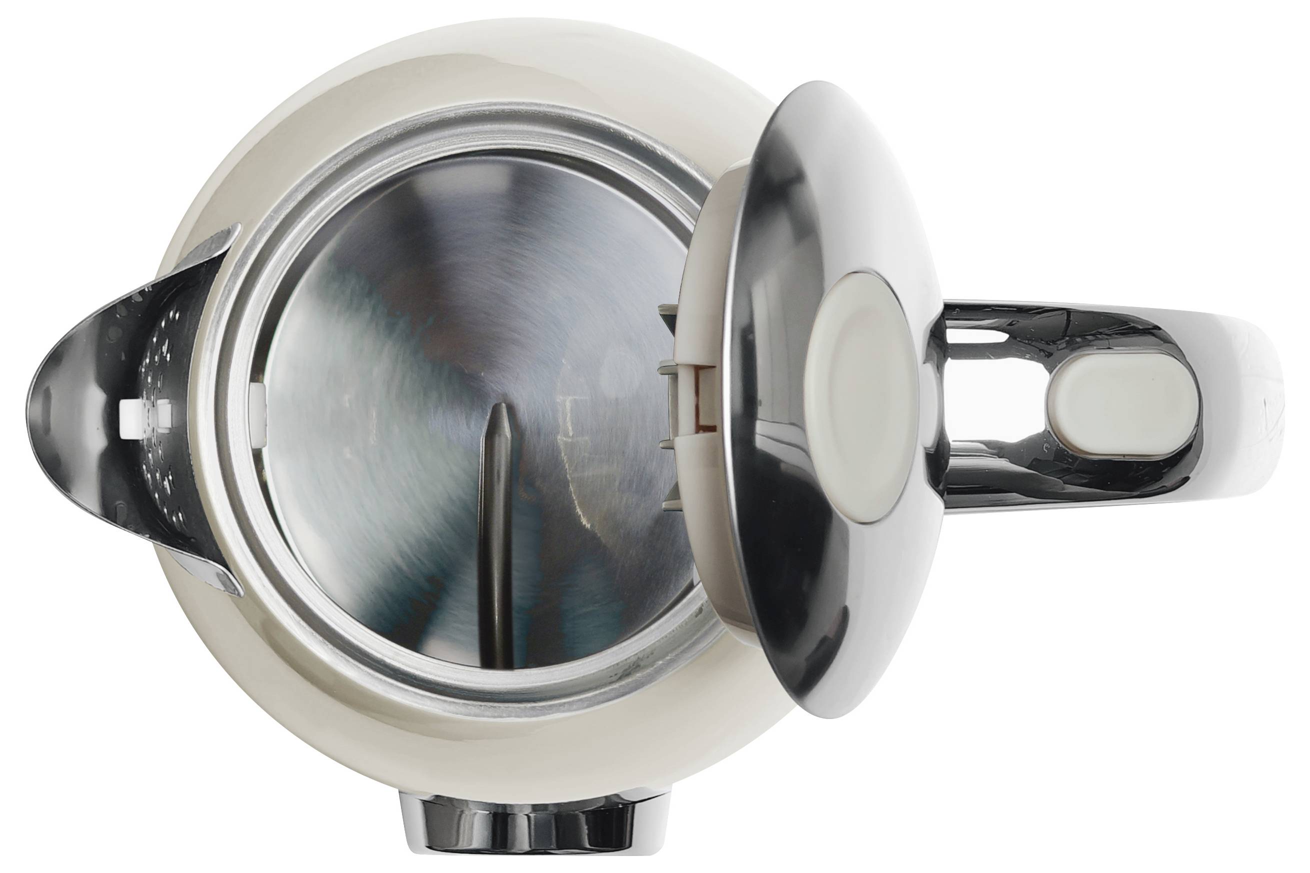 Une bouilloire en acier inoxydable, vue de dessus avec le couvercle ouvert, montre sa surface intérieure brillante et son bec verseur.
