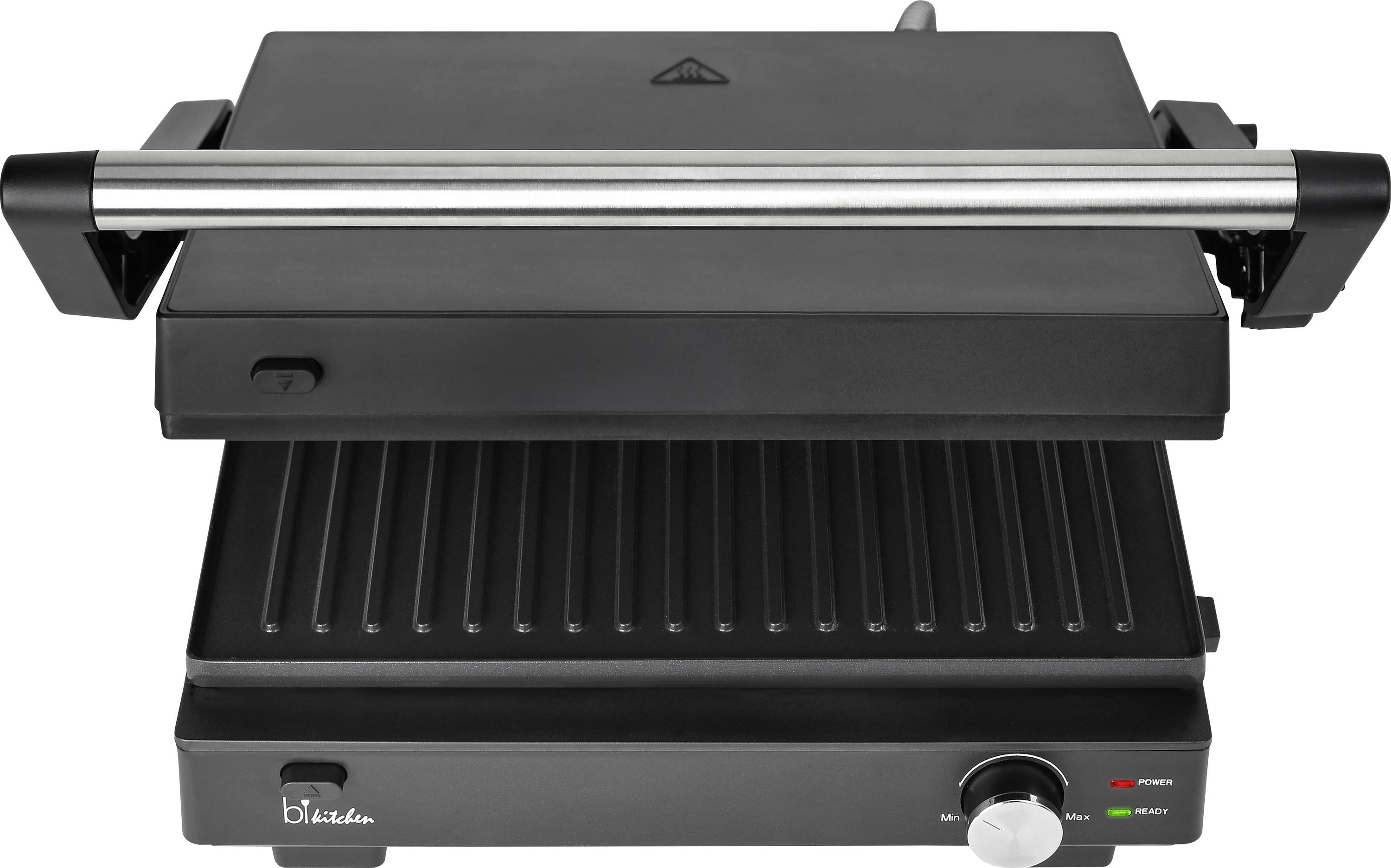 Grill de contact électrique en noir avec surface de grillade rainurée, couvercle fermé et bouton rotatif.
