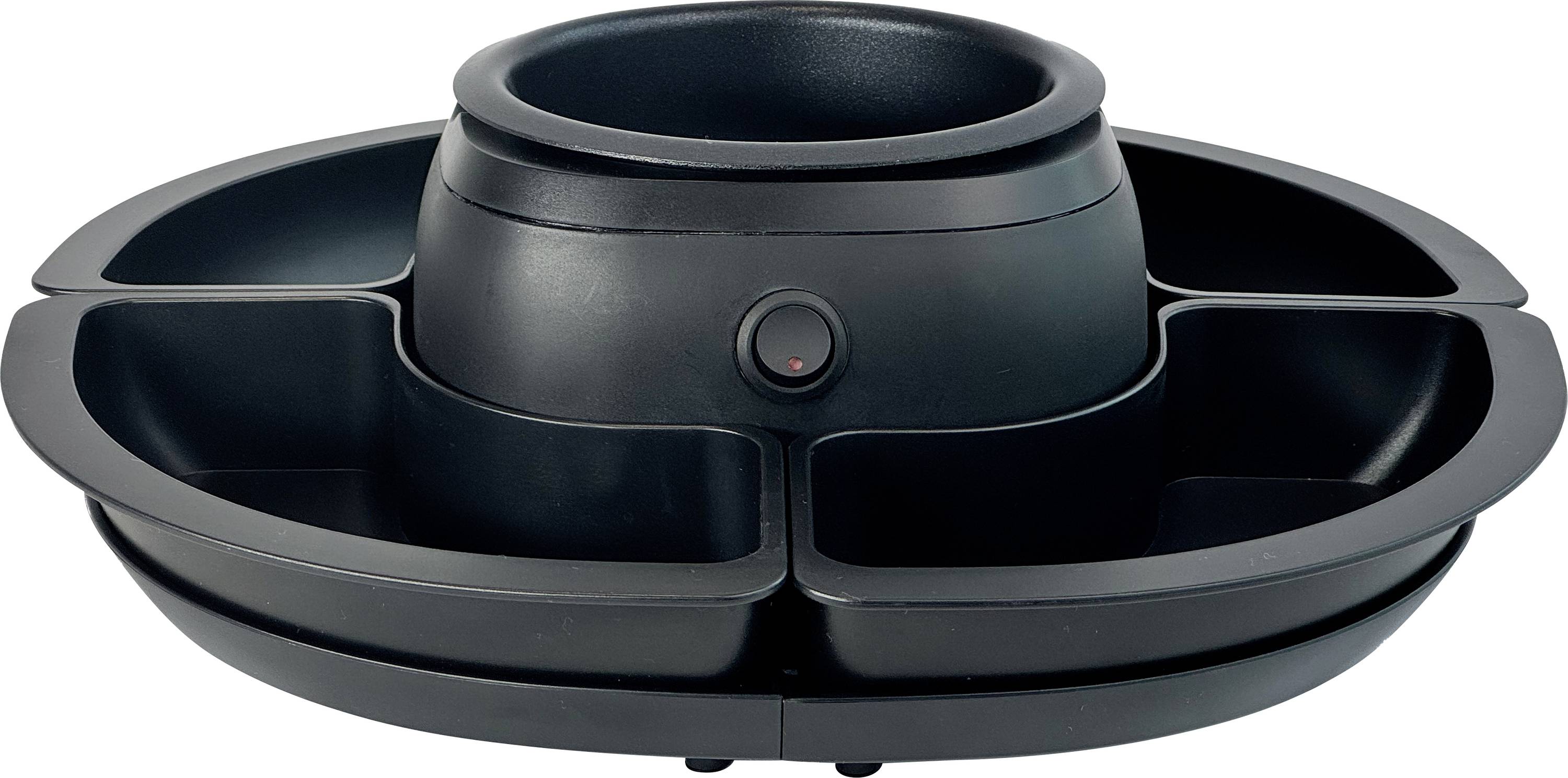 Grill de table rond noir avec plusieurs compartiments pour préparer ou maintenir les aliments au chaud.