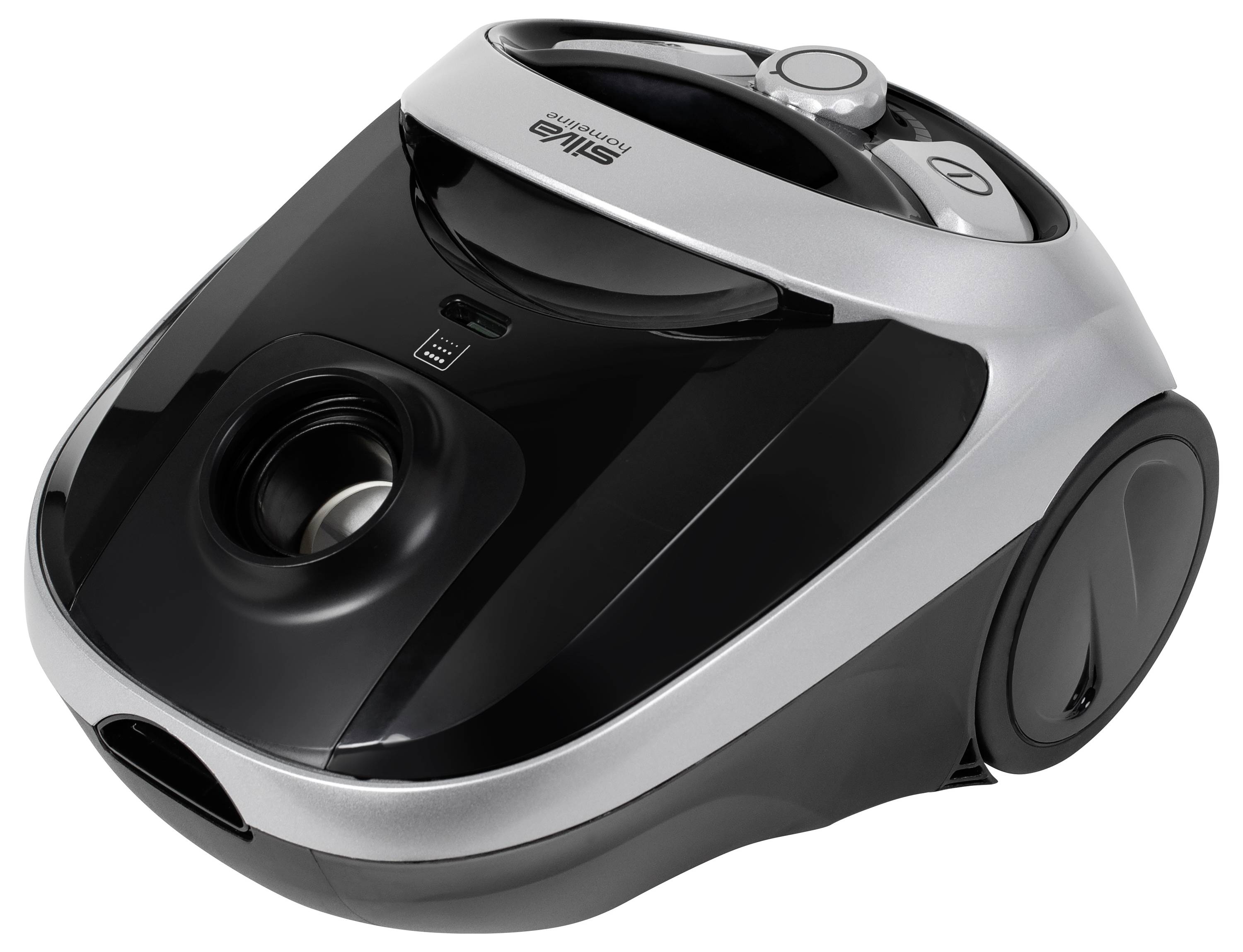 Un aspirateur noir avec des accents argentés, compact et au design moderne.