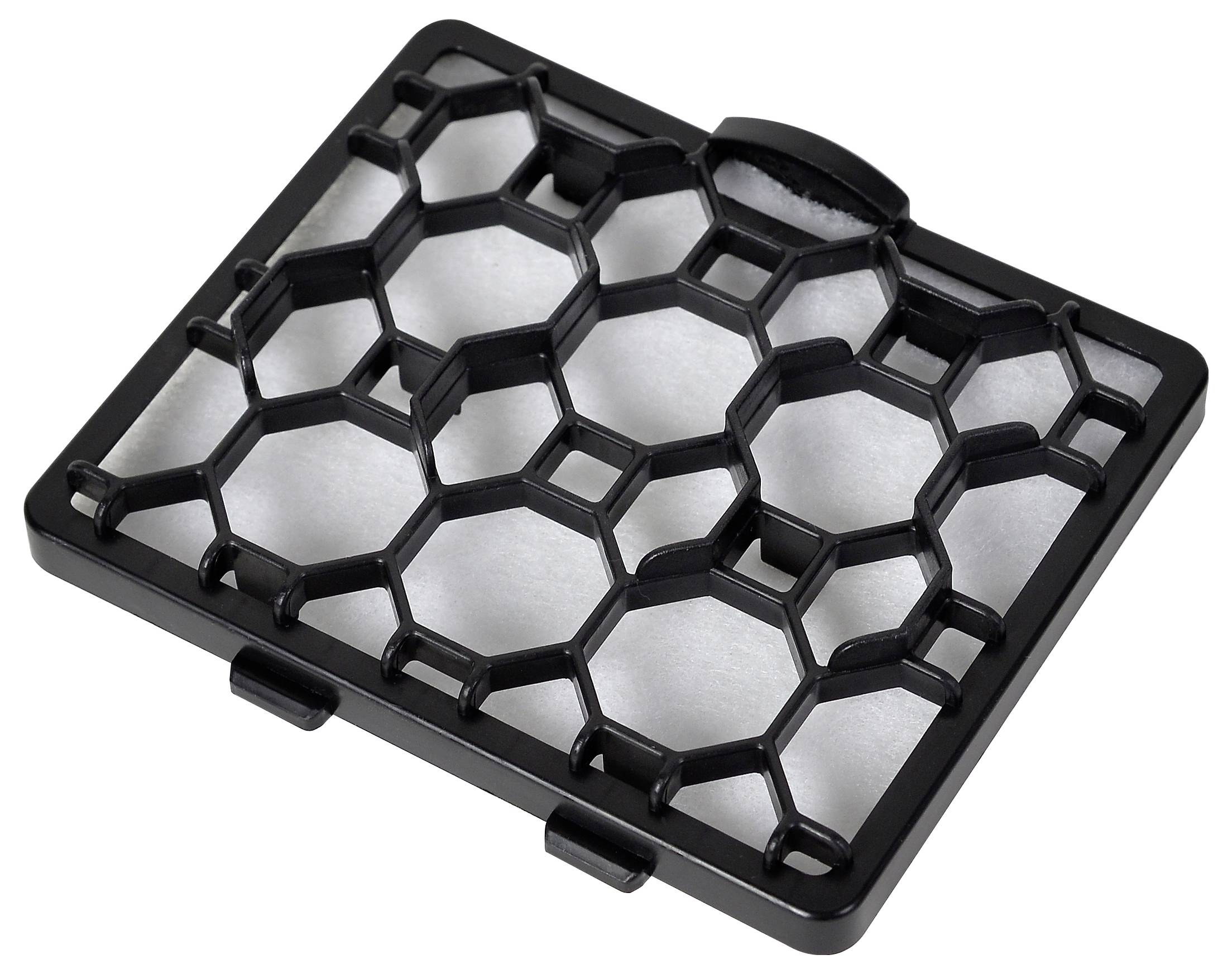 Un filtre à air rectangulaire avec une grille en plastique hexagonale qui maintient un filtre blanc, révélant une structure et un design visibles.