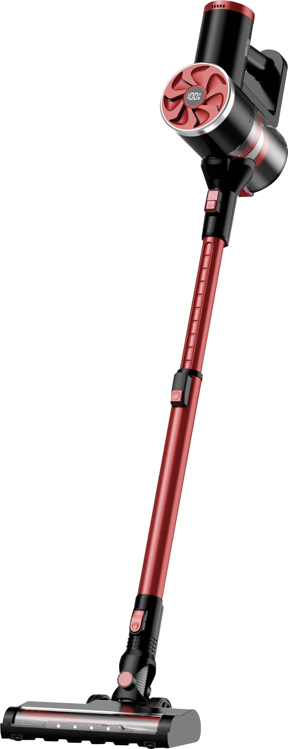 Un aspirateur-balai sans fil rouge avec le moteur en haut et la tête de brosse en bas, adapté au nettoyage domestique sur tapis et sols durs.