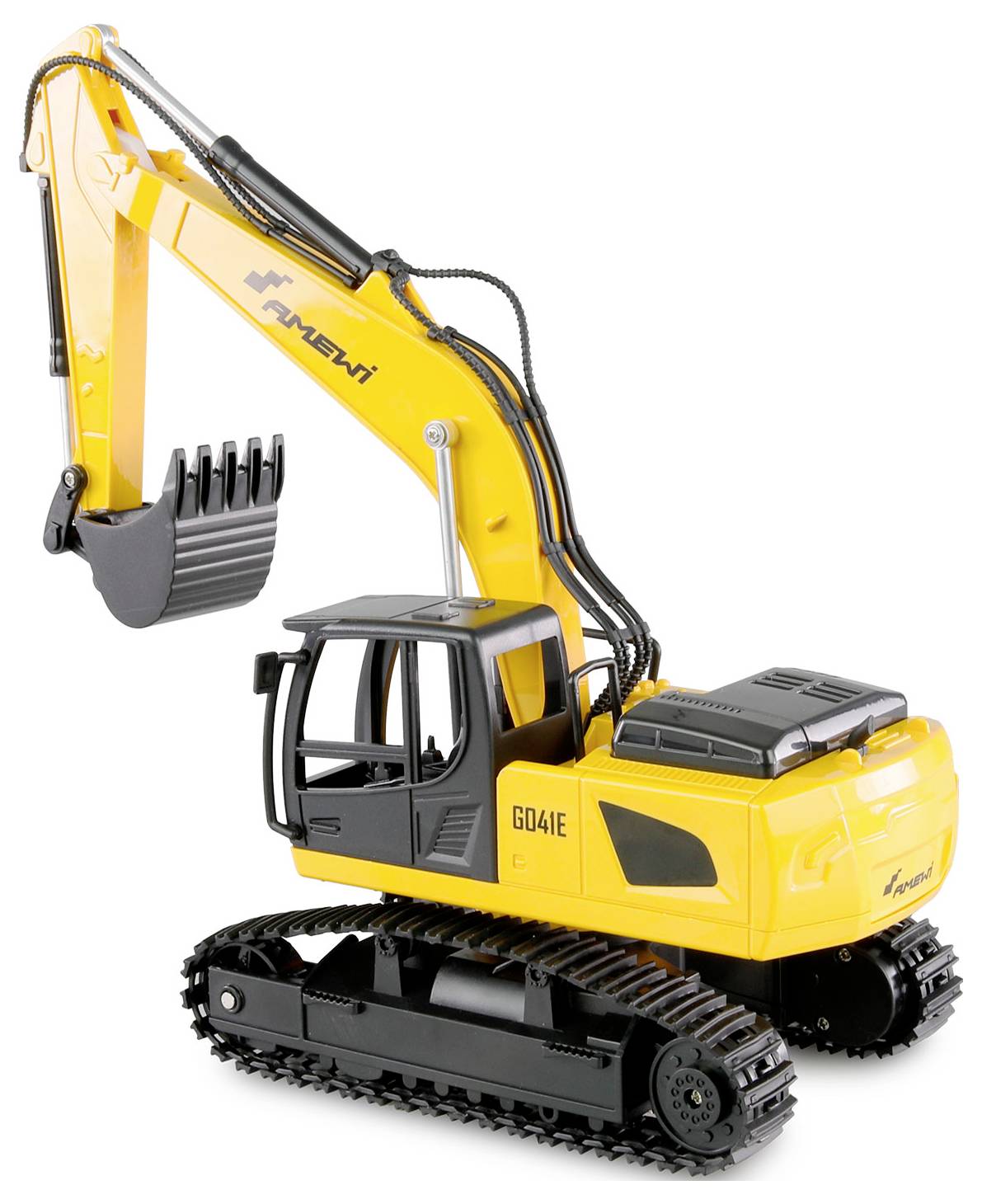 Pelleteuse jaune pour enfants avec bras de pelle noir et chenilles, sur fond blanc.