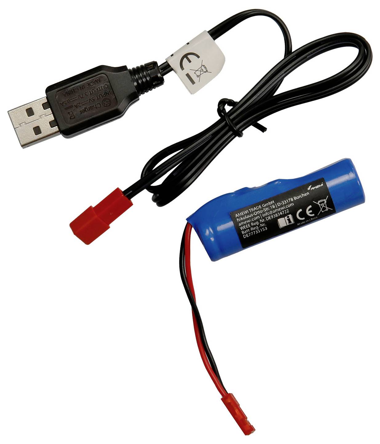 Un câble de charge USB avec une batterie cylindrique bleue et des connecteurs rouges. Idéal pour charger des appareils électroniques.