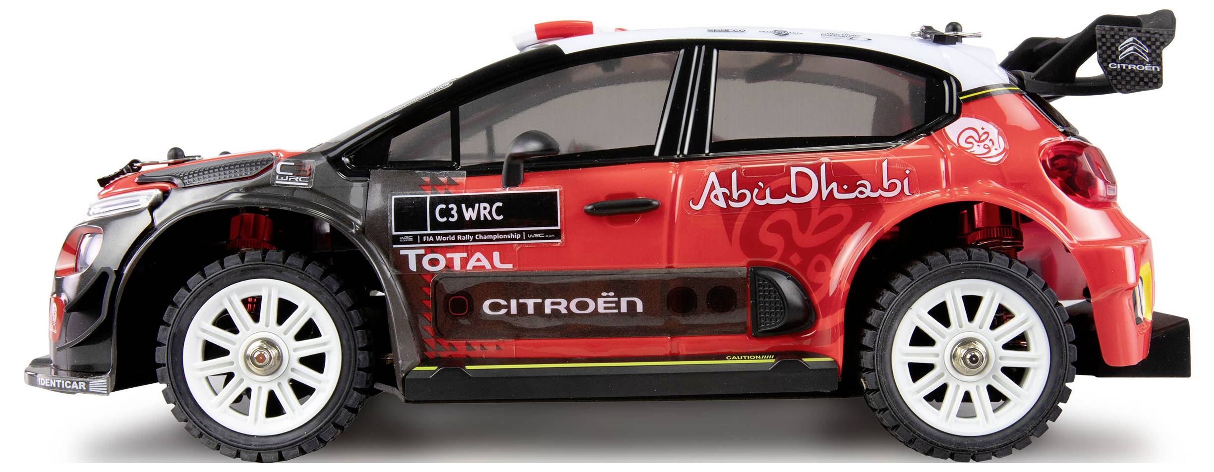 Voiture de rallye miniature à l'échelle 1:16, design rouge et noir, marquée 'Citroën' et 'Total', avec autocollants de sponsors.