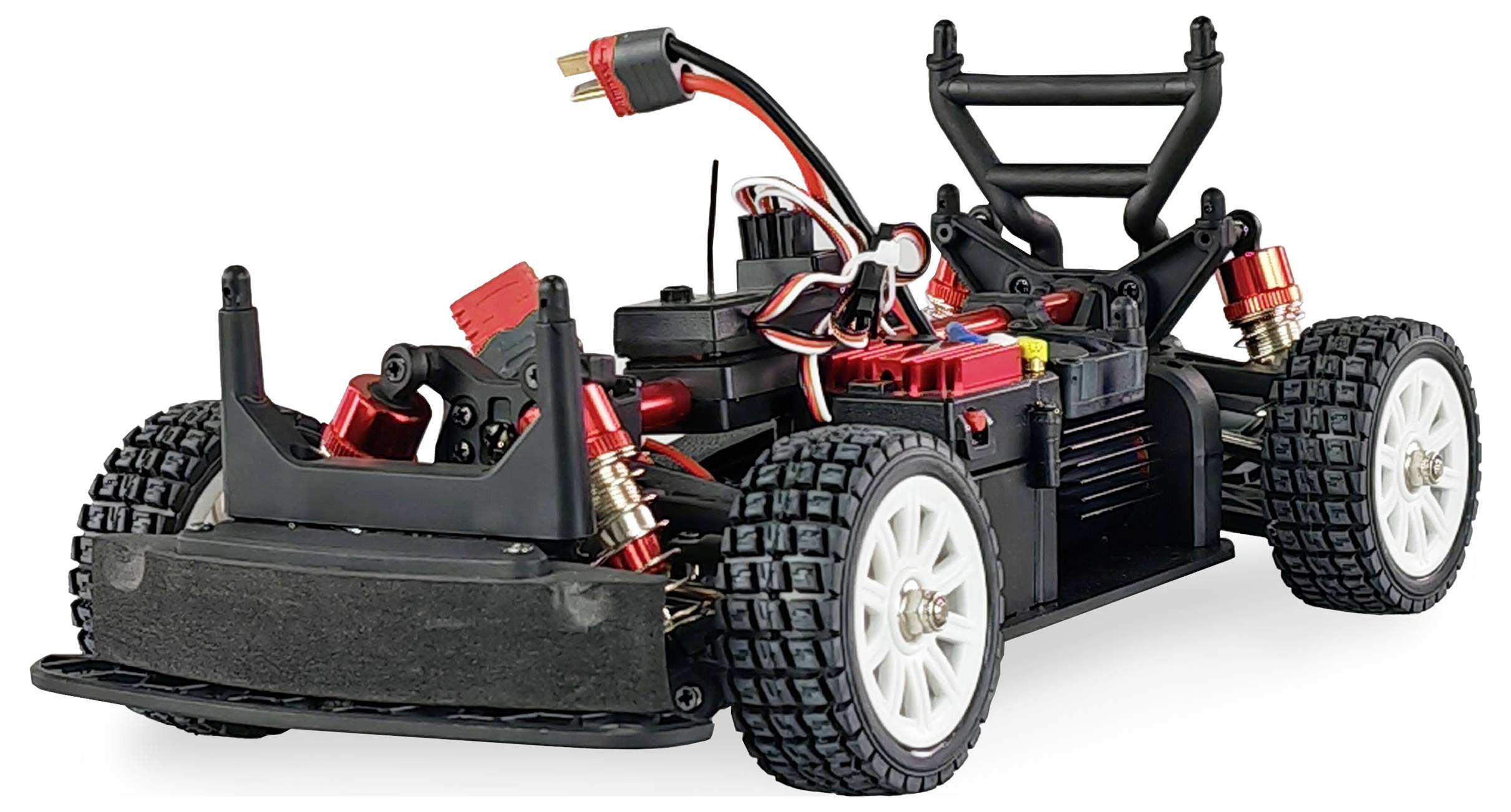 Voiture télécommandée sans carrosserie, montrant les roues, la suspension et l'électronique interne avec ses câbles et connexions.