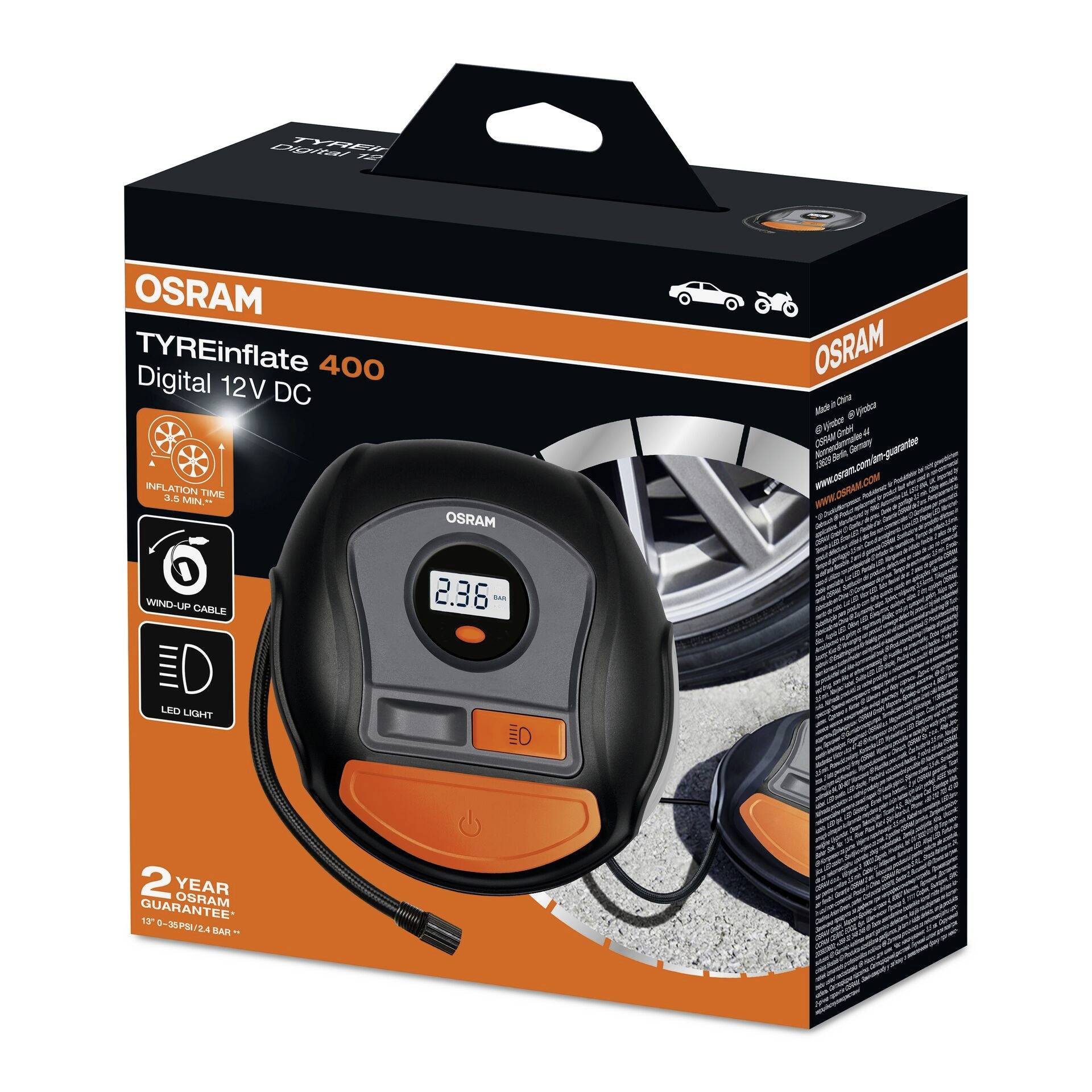 Une pompe à pneus Osram TYREinflate 400, 12V DC, avec affichage numérique, éclairage LED et garantie de 2 ans. L'emballage présente un pneu de voiture.