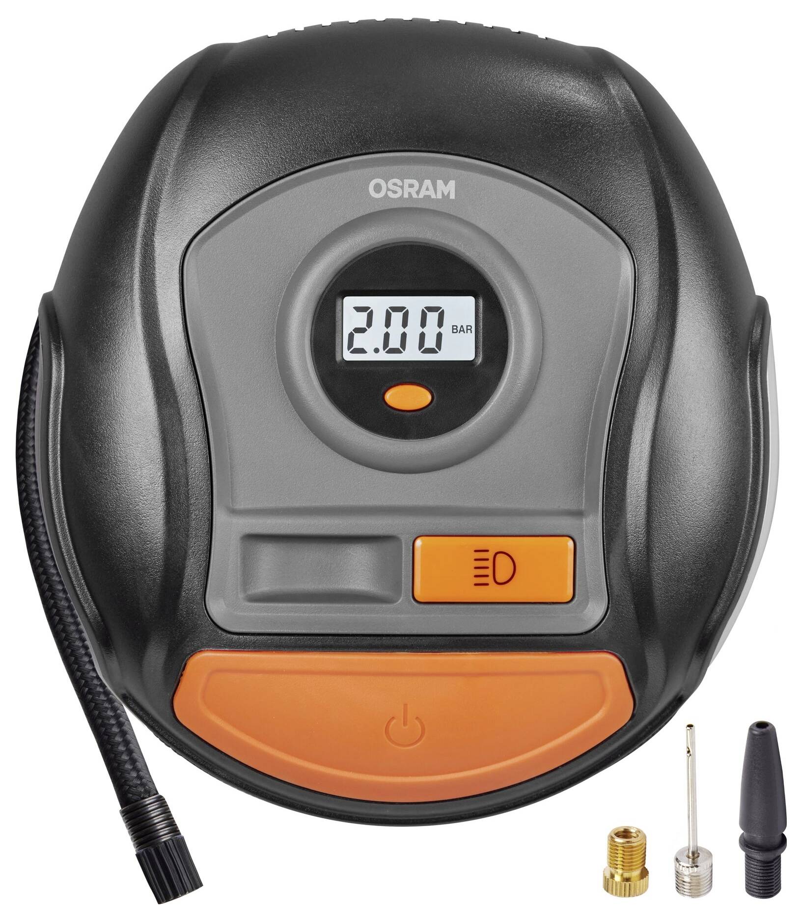 Compresseur portable, affichage indique '2,00 BAR'. Comprend un adaptateur et une aiguille, convient pour les pneus de voiture et les ballons de sport.