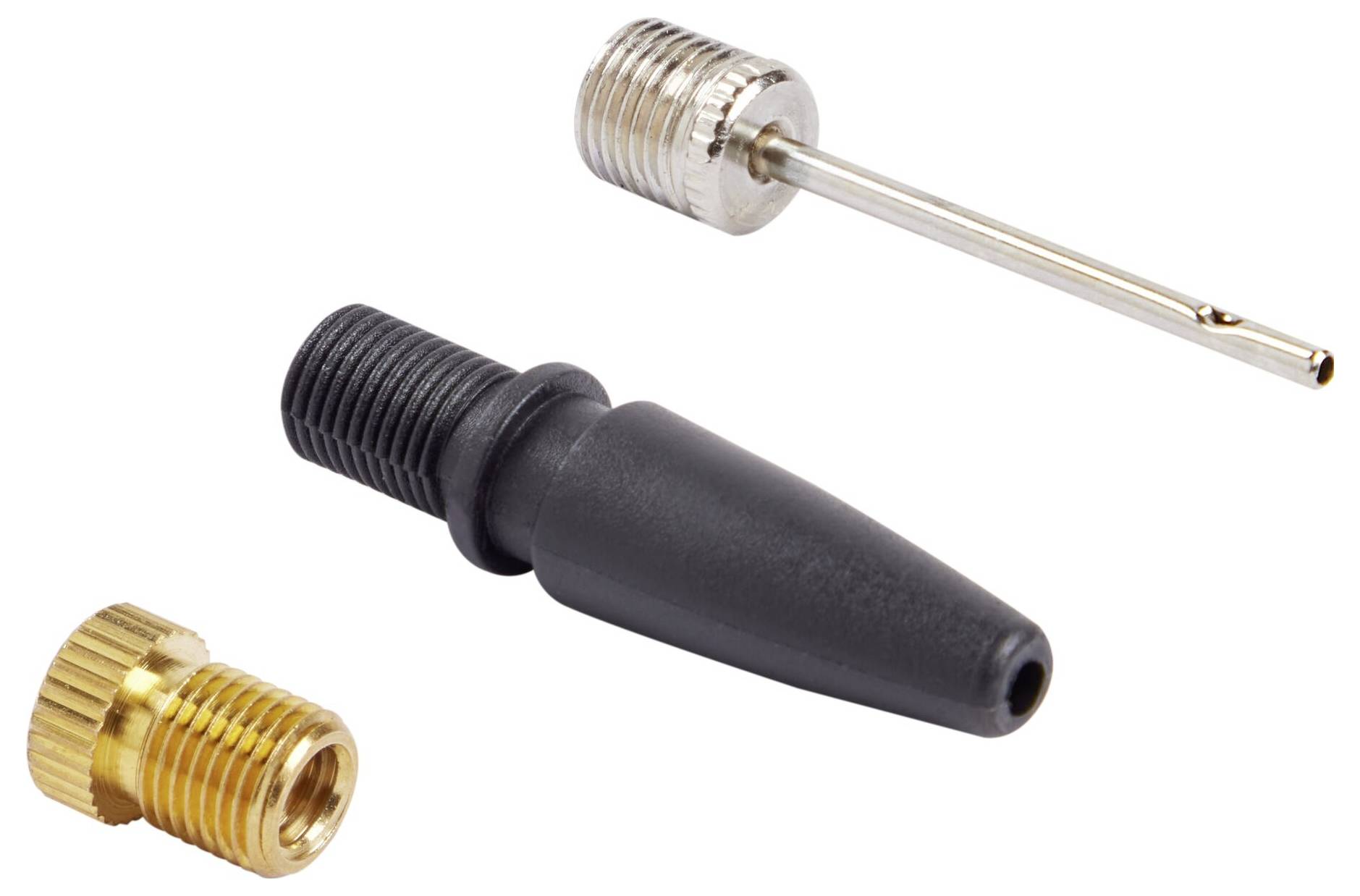 Trois adaptateurs de valve pour produits gonflables : un adaptateur long argenté, un adaptateur noir et un adaptateur métallique jaune.