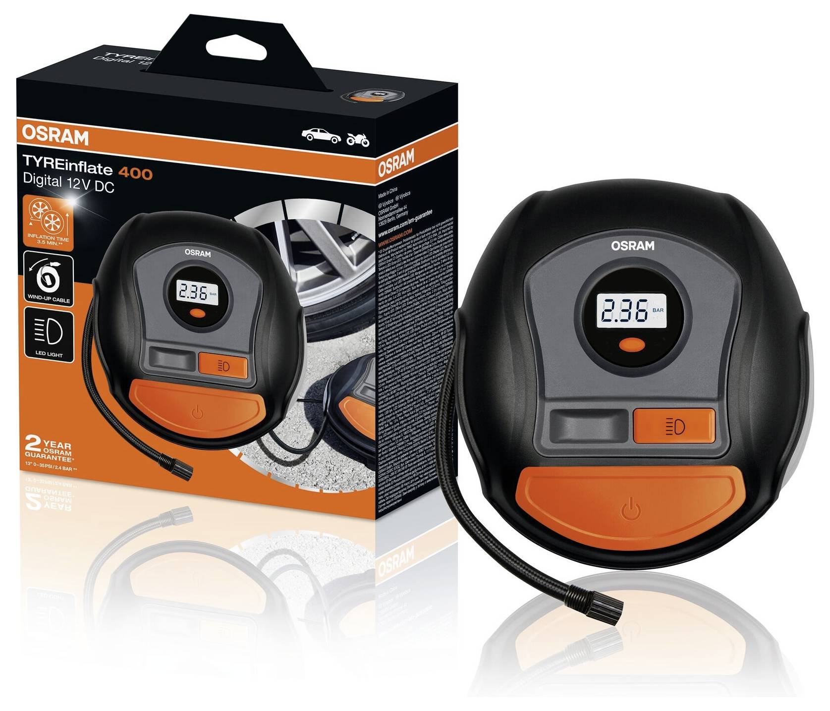 Osram Reifenpumpe TYREinflate 400, numérique, 12V CC, avec écran et emballage, affiche une pression de 2,36 bar. Idéal pour les voitures.